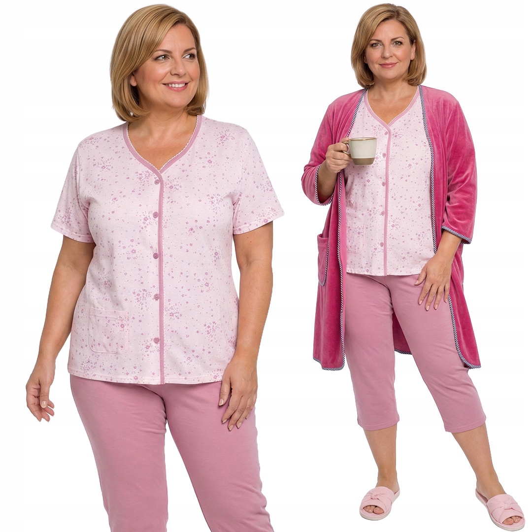 Růžové pyžamo s květinami a knoflíky plus size velikost 54
