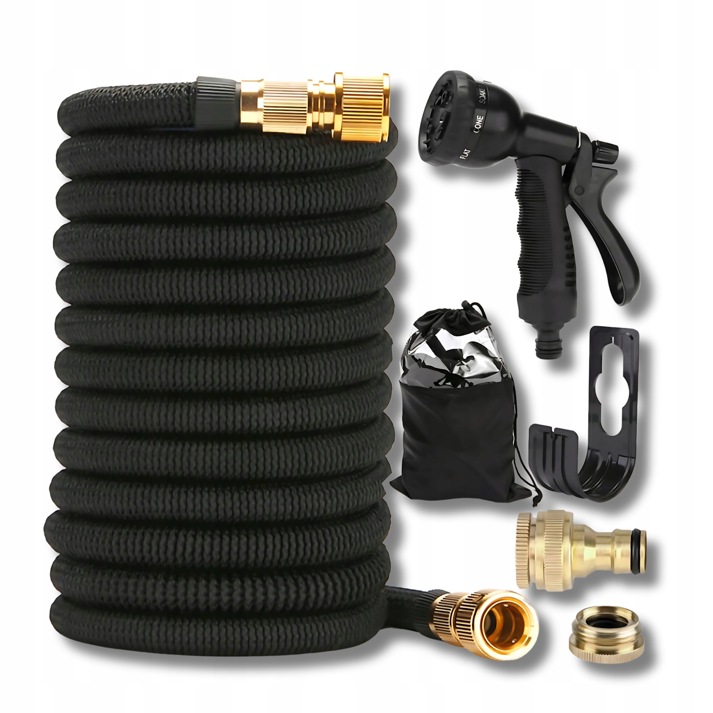 Wąż ogrodowy rozciągliwy czarny Komplet PT04 Natryskowa końcówka złączki
