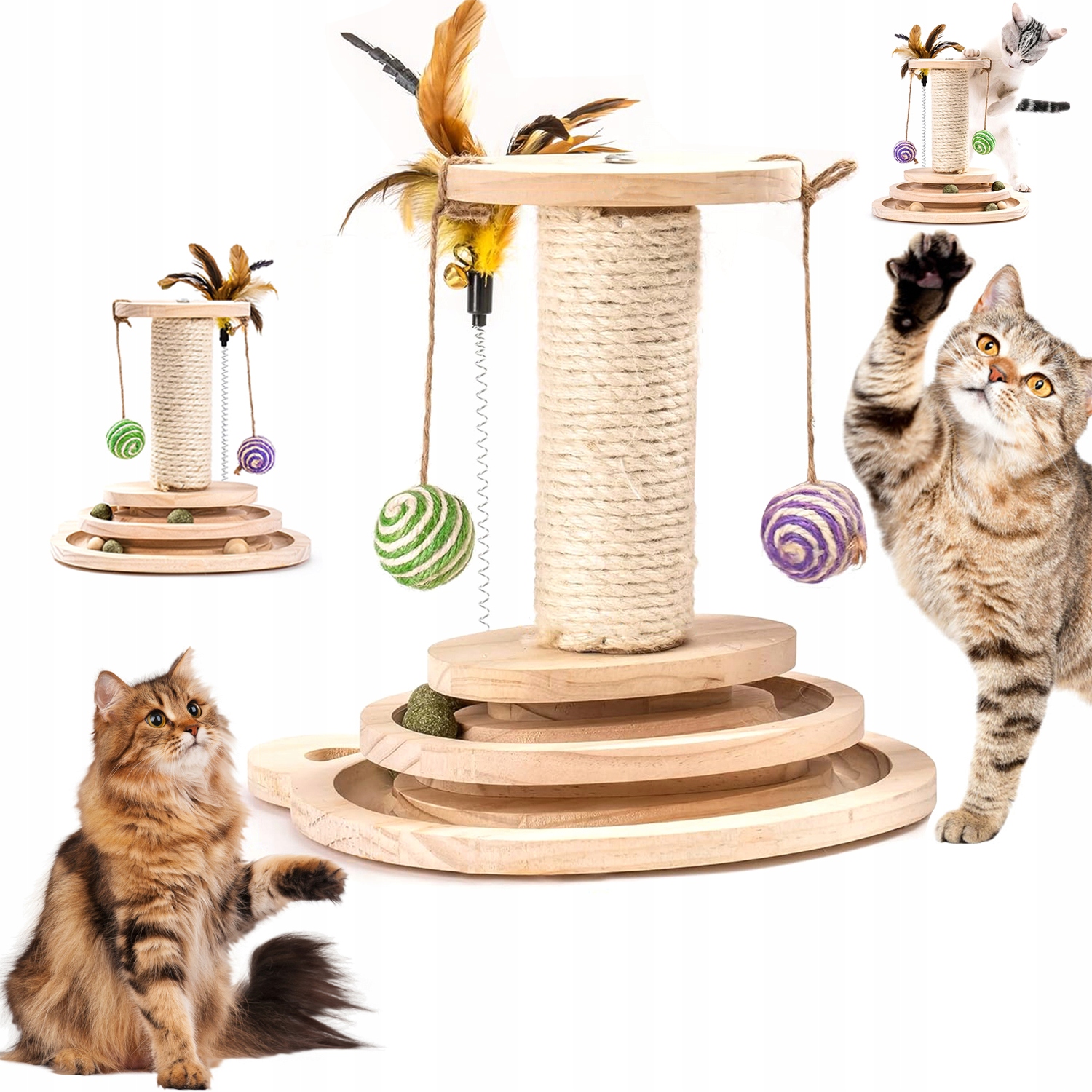 Levně Dřevěné Hračky Pro Kočky S Škrabadlem Z Juty A Dvěma Míčky