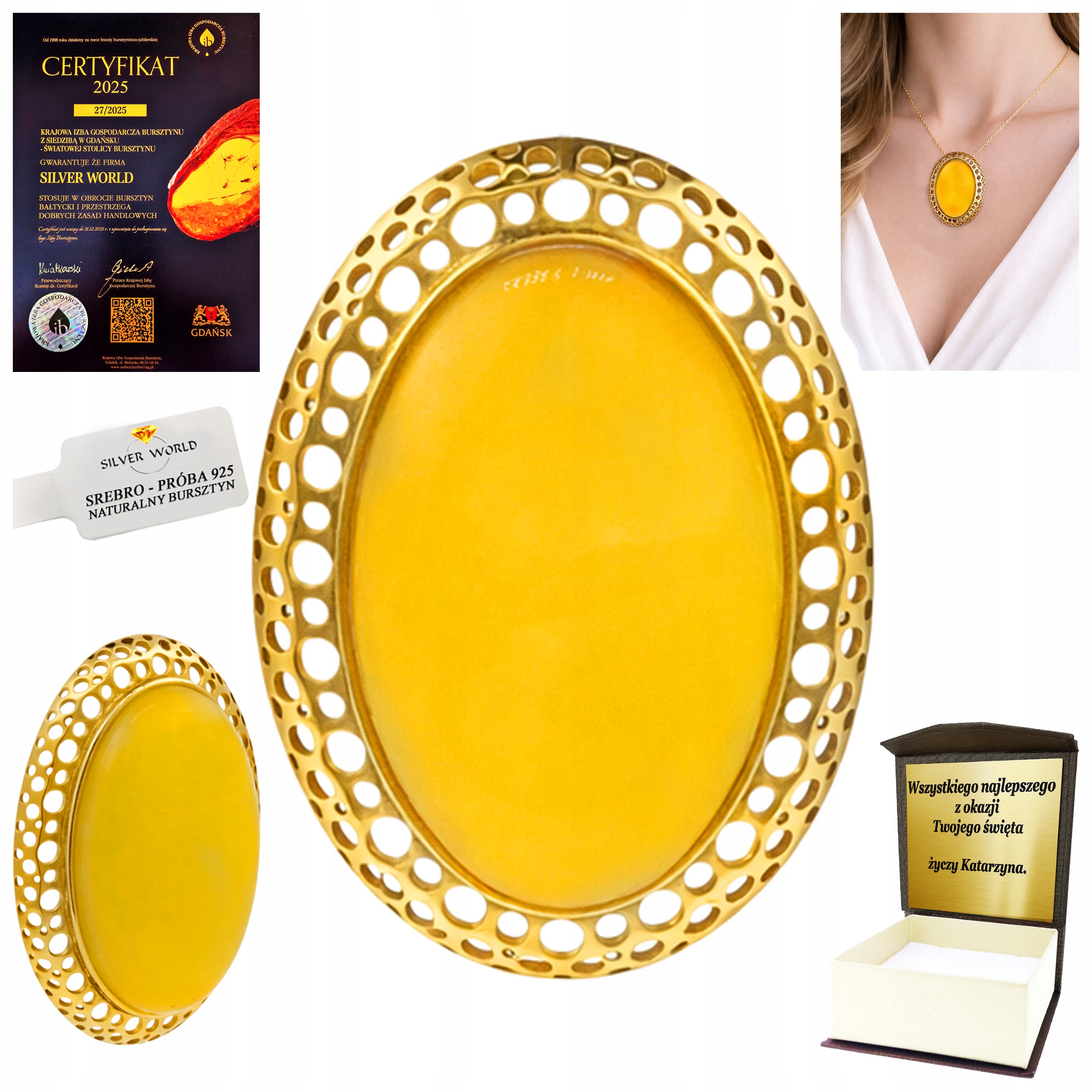Přívěsek Stříbrný Zlacený S Mléčným Jantarem Jako Dárek Gravírování WB53