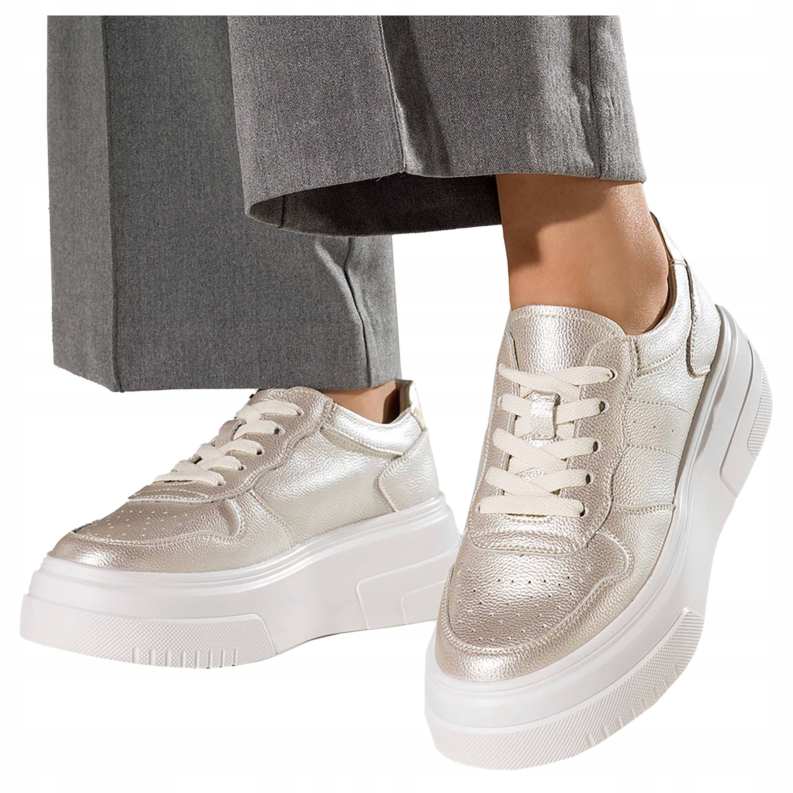 Dámské kožené tenisky Zlaté na platformě, šněrovací, sportovní, velikost 36