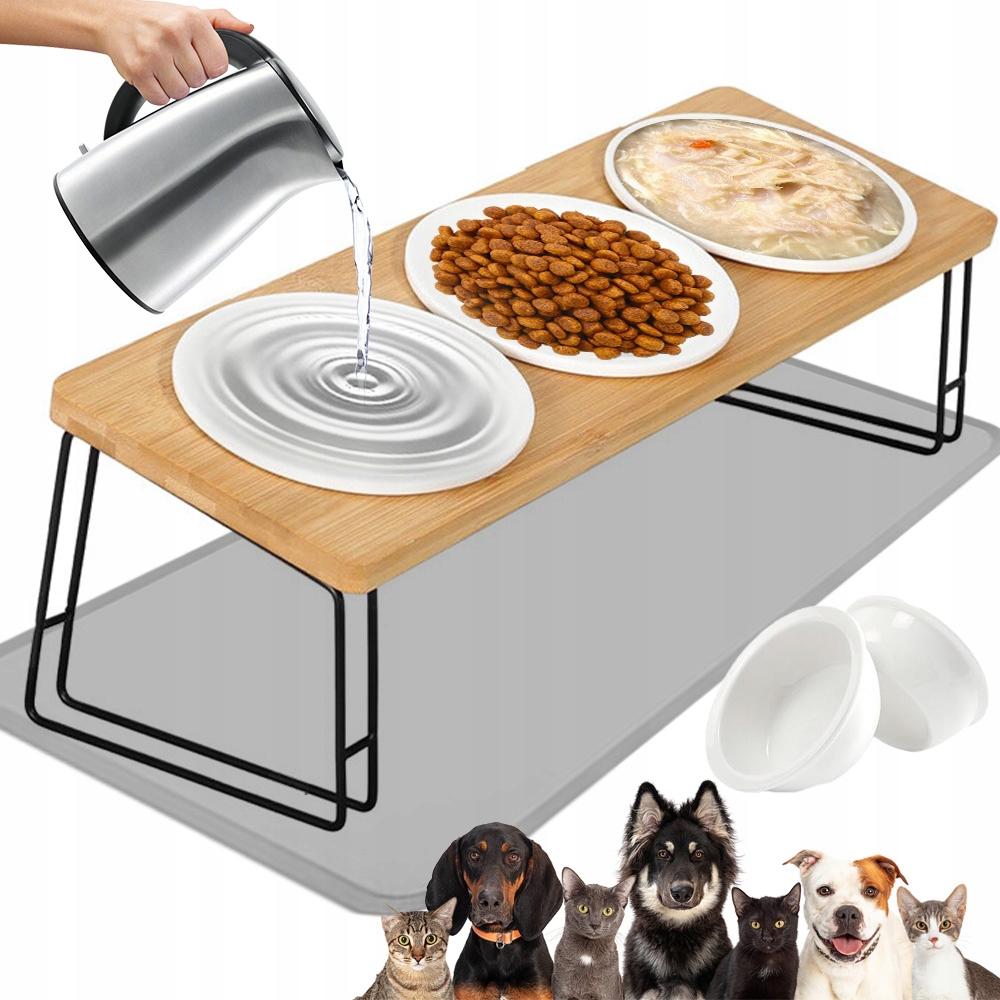 Levně Sada Misek Pro Psa Kočku Keramika 3 Ks Bambus Stojan Silikonová Podložka 45 CM