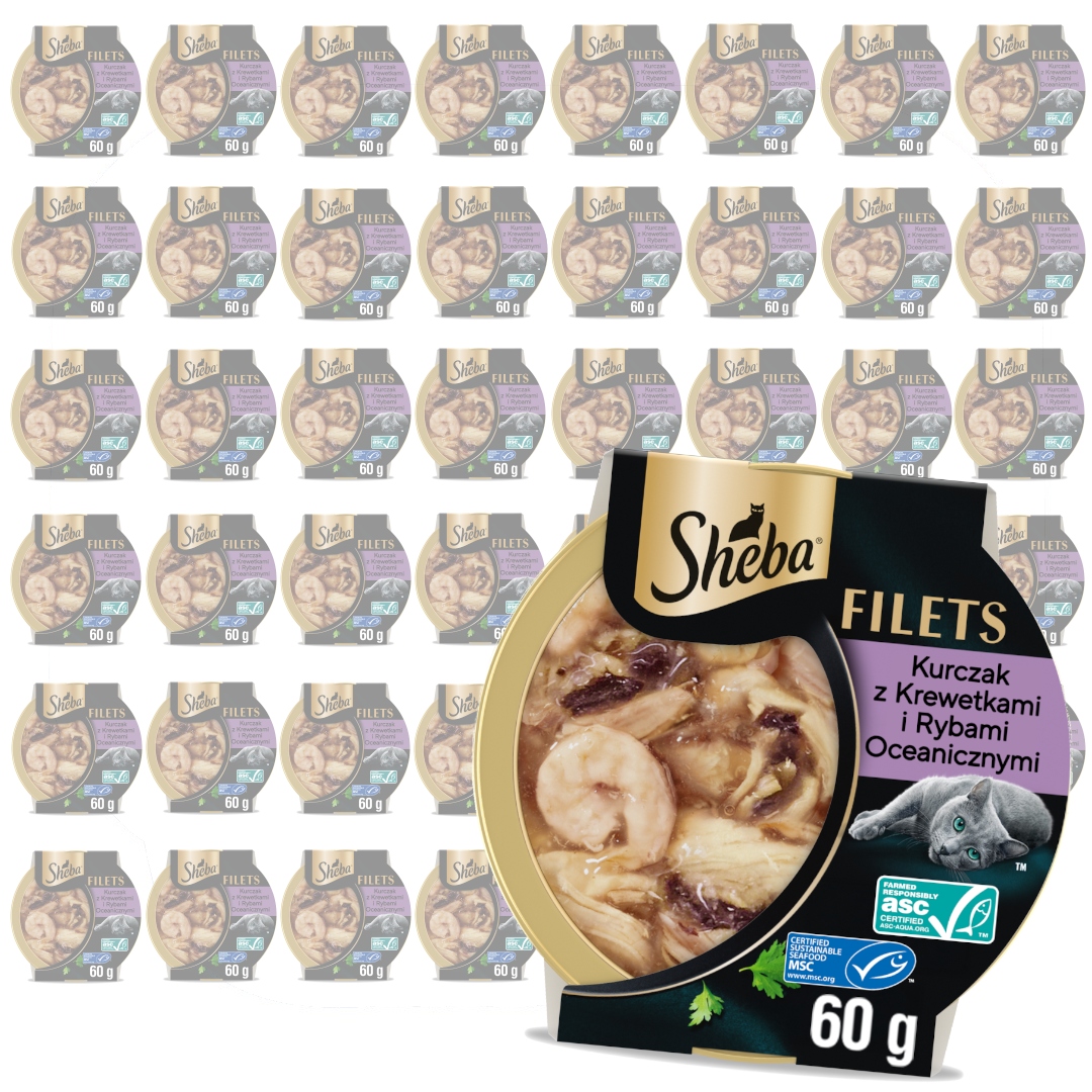 Levně Sheba Filets Mokré Krmivo Pro Kočky Kuřecí filetky Ryby Krevety Omáčka 48x60g