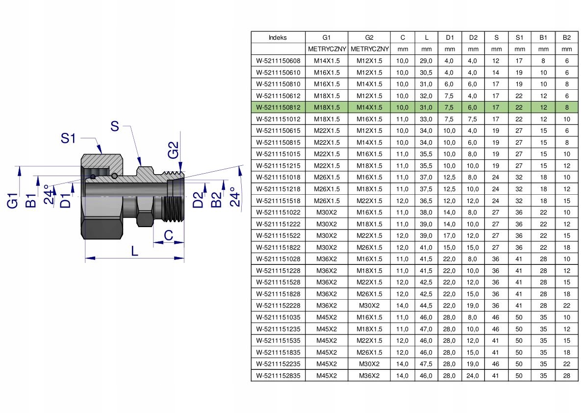 Złączka hydrauliczna metryczna AB (XKOR) A-M18x1.5 12L / B-M14x1.5 08L Wary