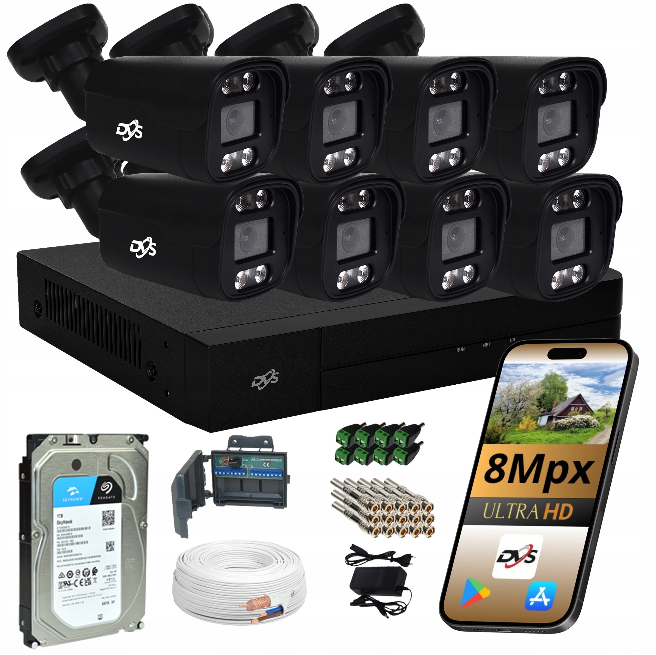 Sada 8 Kamer Černá Analogová Venkovní Monitorovací Kamera Dvs 8Mpx 1TB