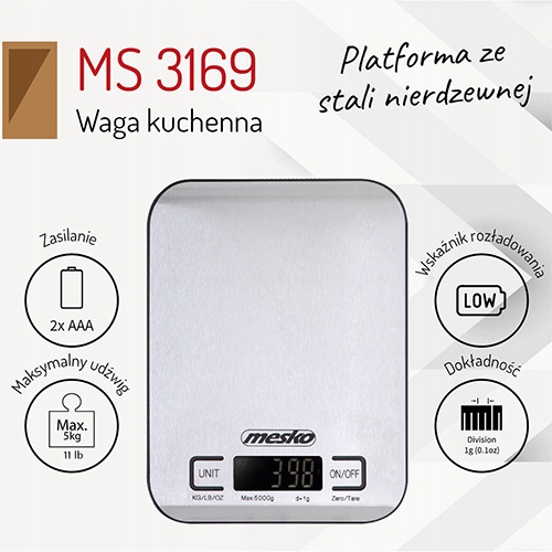 Waga kuchenna MS3169 - dokładna, biała, z funkcją tarowania