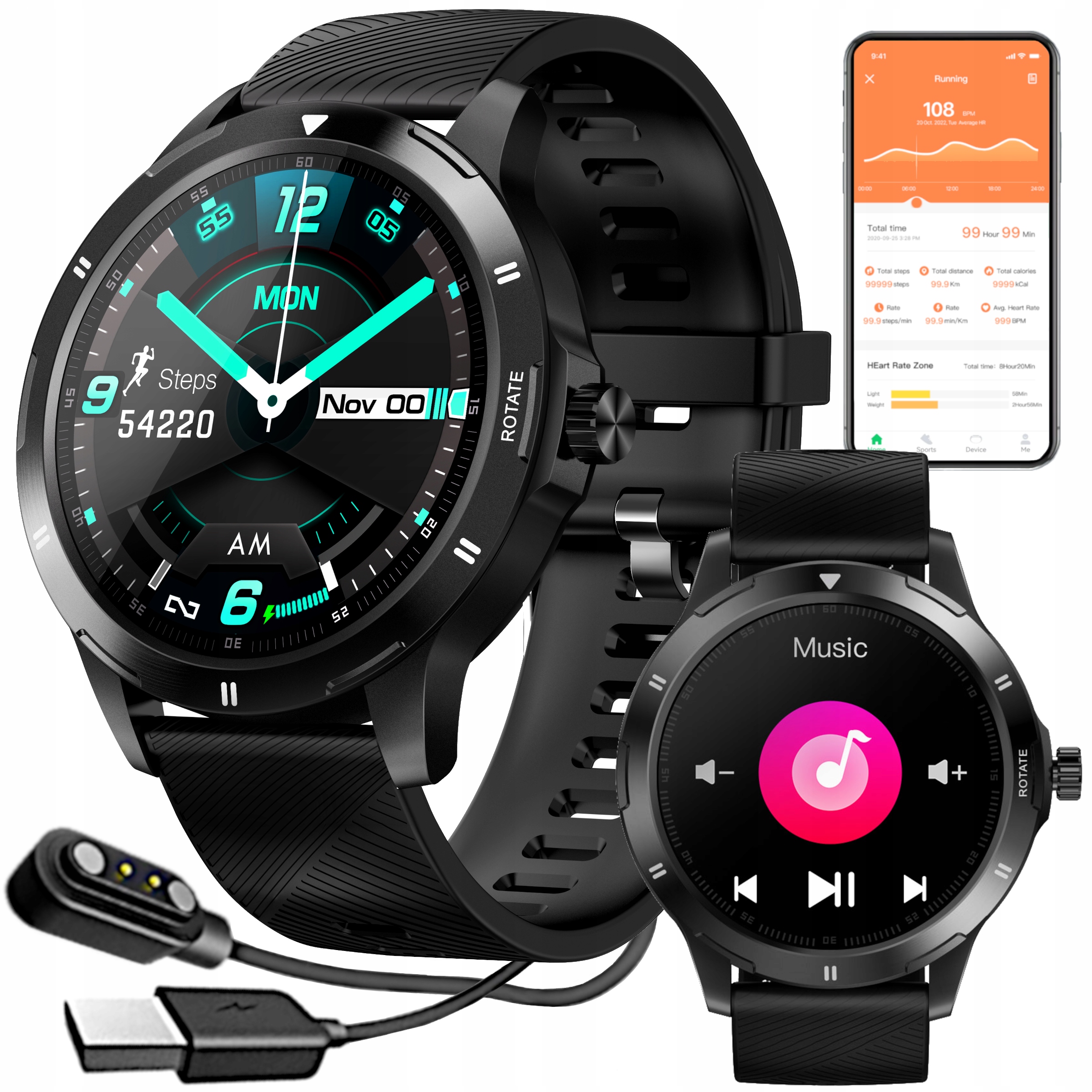Smartwatch zegarek męski Czarny Polskie Menu Pomiar Temperatury GlacierX