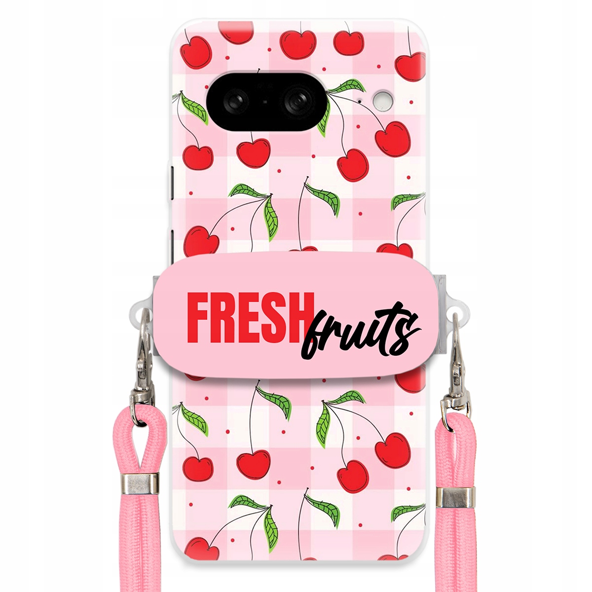 Puzdro pre Google Pixel 8 Case držiak šnúrok Ružový Fresh Fruits Mriežka