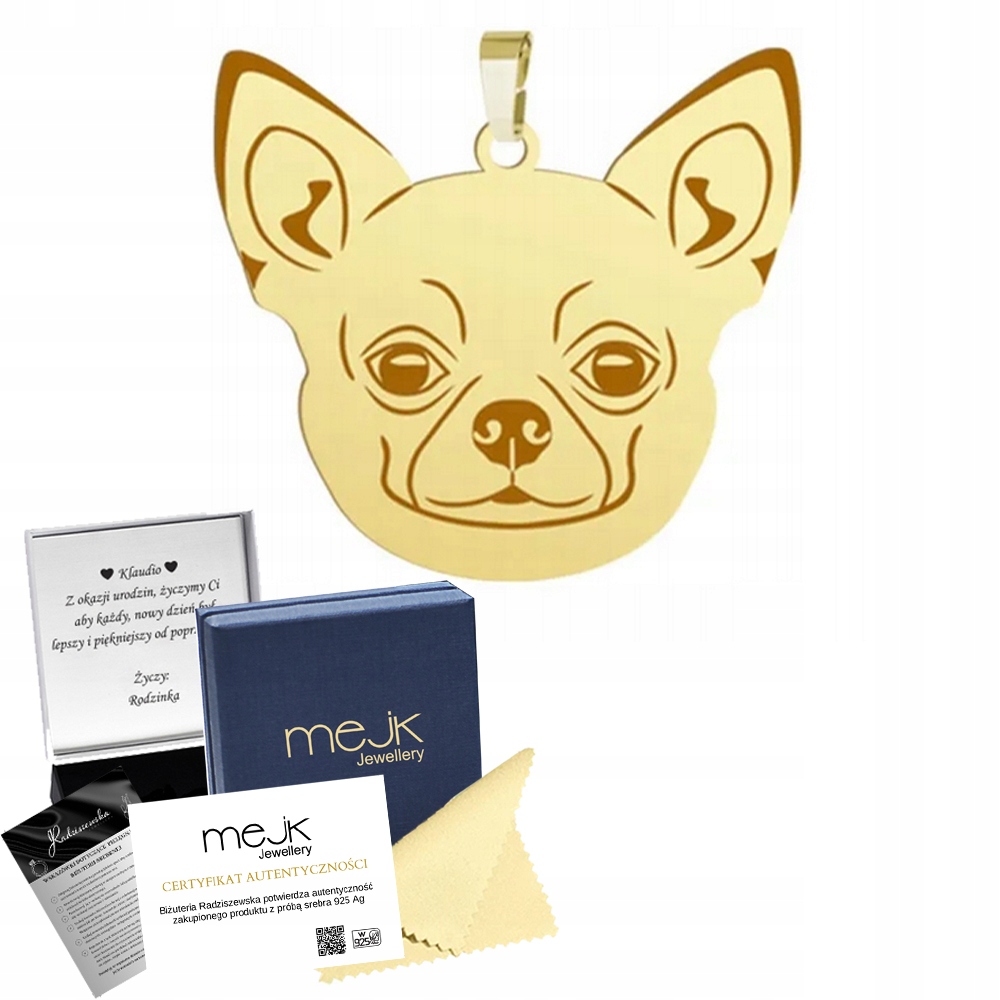 Zlatý přívěsek s psem Chihuahua Krátkosrstá 925 Dárek Gravírování Bonus