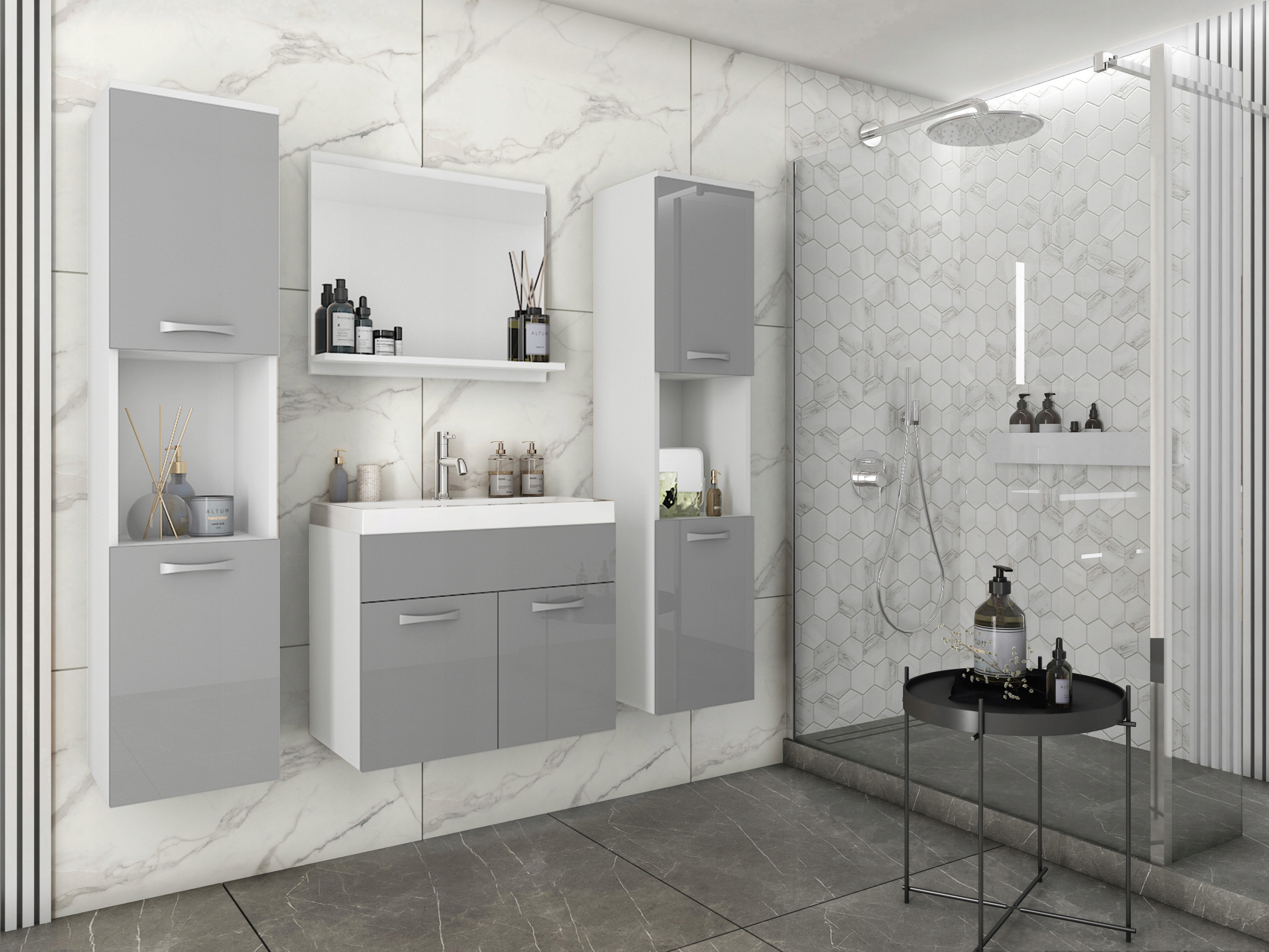 

Meble łazienkowe wiszące lustro umywalka 2x słupek