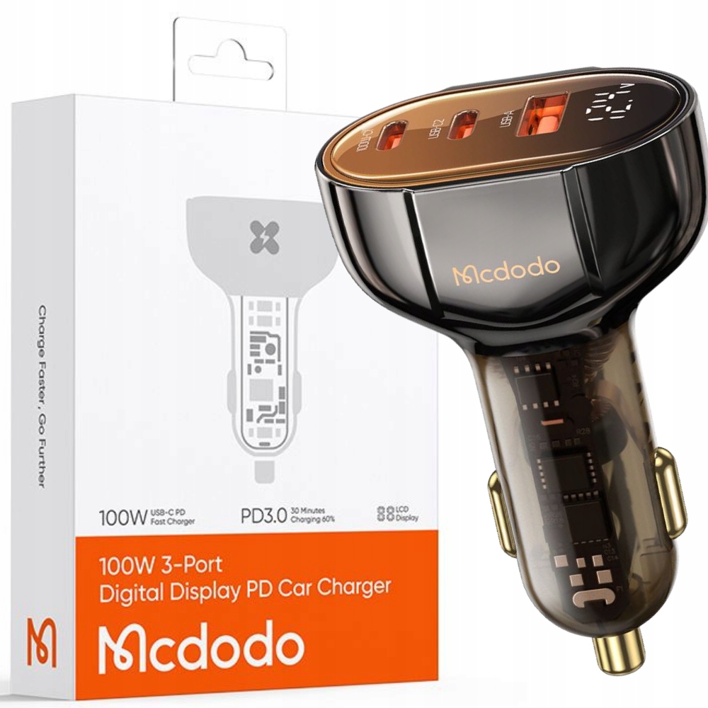 Mocna szybka ładowarka samochodowa Mcdodo 3xUSB Usb-c 100W Led