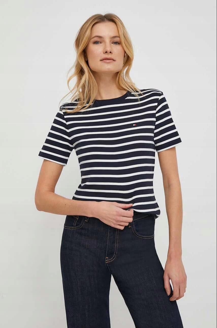 Tommy Hilfiger dámské bavlněné tričko tmavě modré s proužky, velikost S