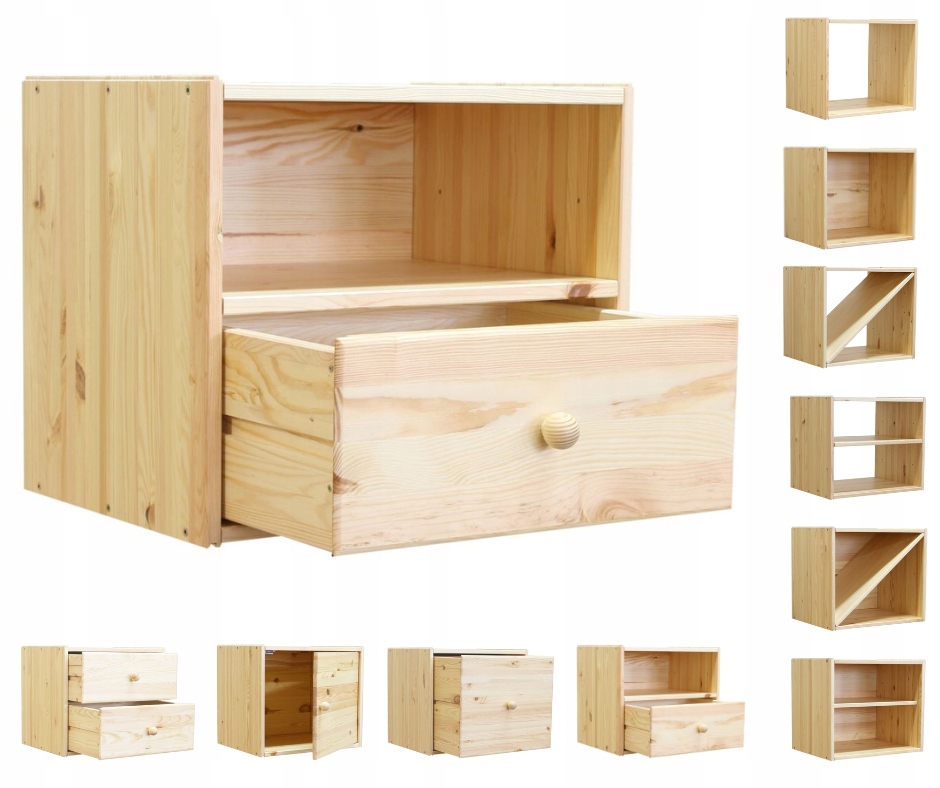 Dřevěný regál, modulární regál, regál s policí a zásuvkou, modulární nábytek