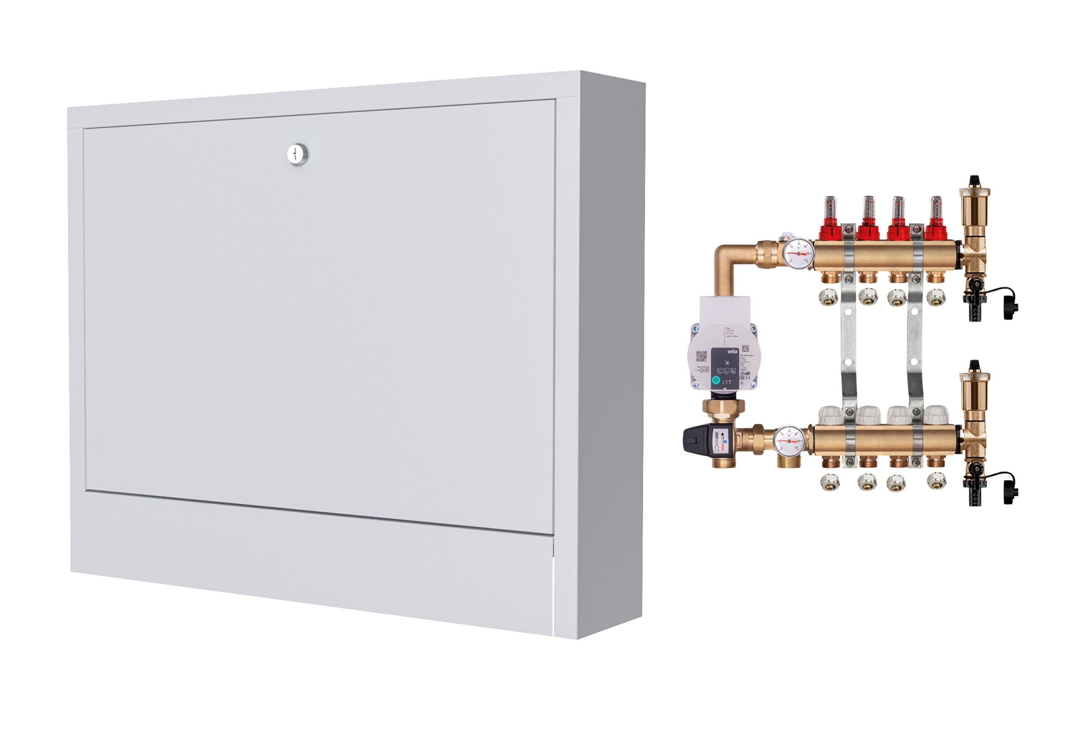 Mosazný Rozdělovač Pro Podlahu 4 S Čerpadlem Wilo+nástěnná Skříňka+pex