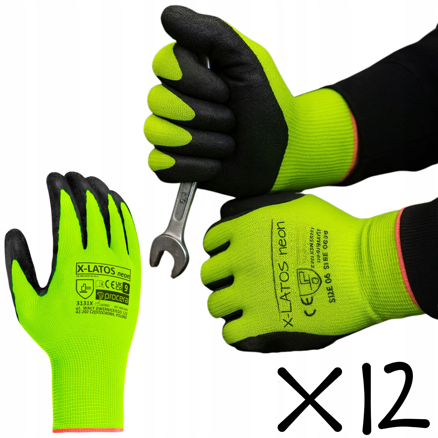 12x NEON LATEX MÁRTOTT MUNKAVÉDELMI KESZTYŰ X-LATOS PRECÍZ, 12 PÁR, 7 ...