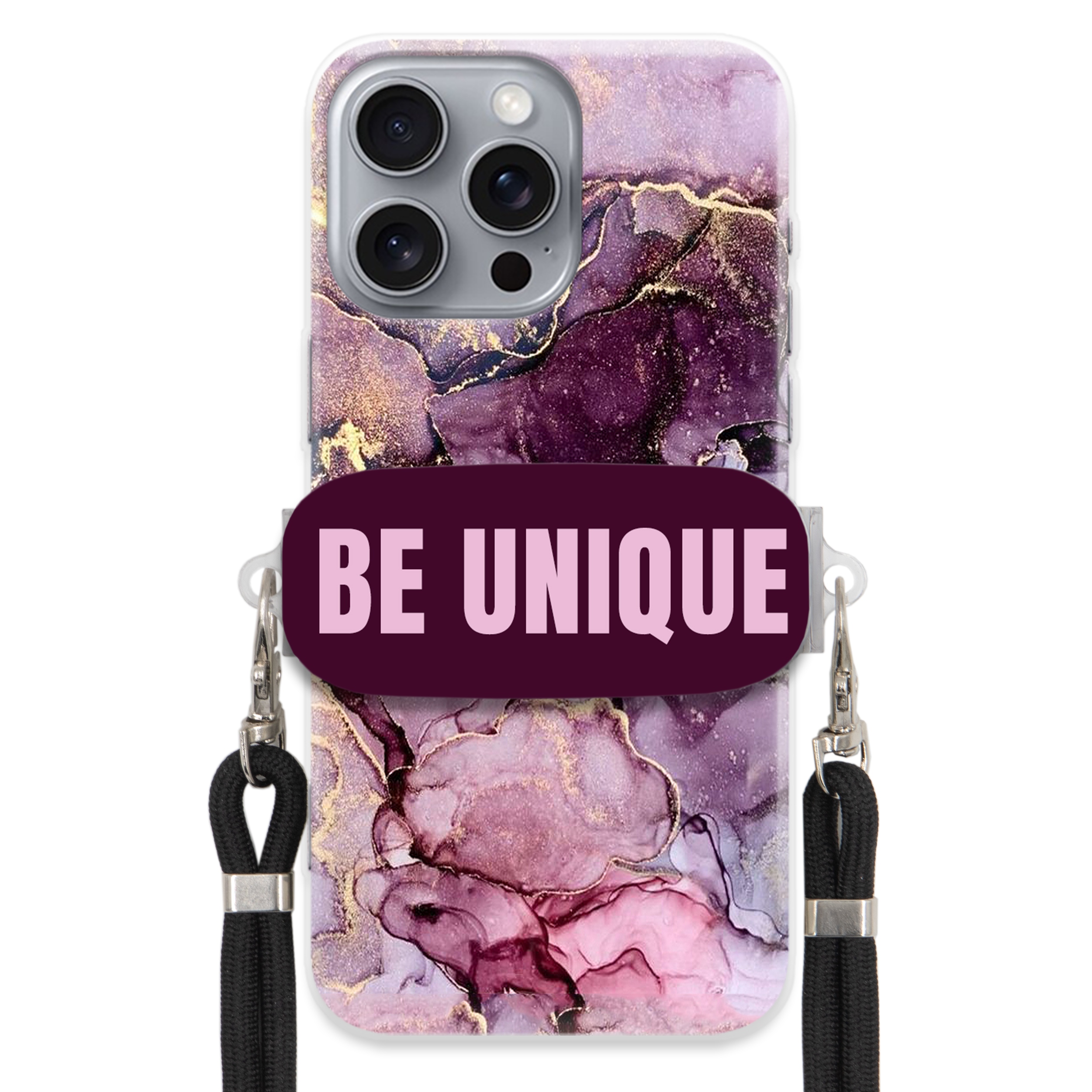 Puzdro pre iPHONE 16 Pro Max Case držiak na šnúrku Čierny fialový mramor