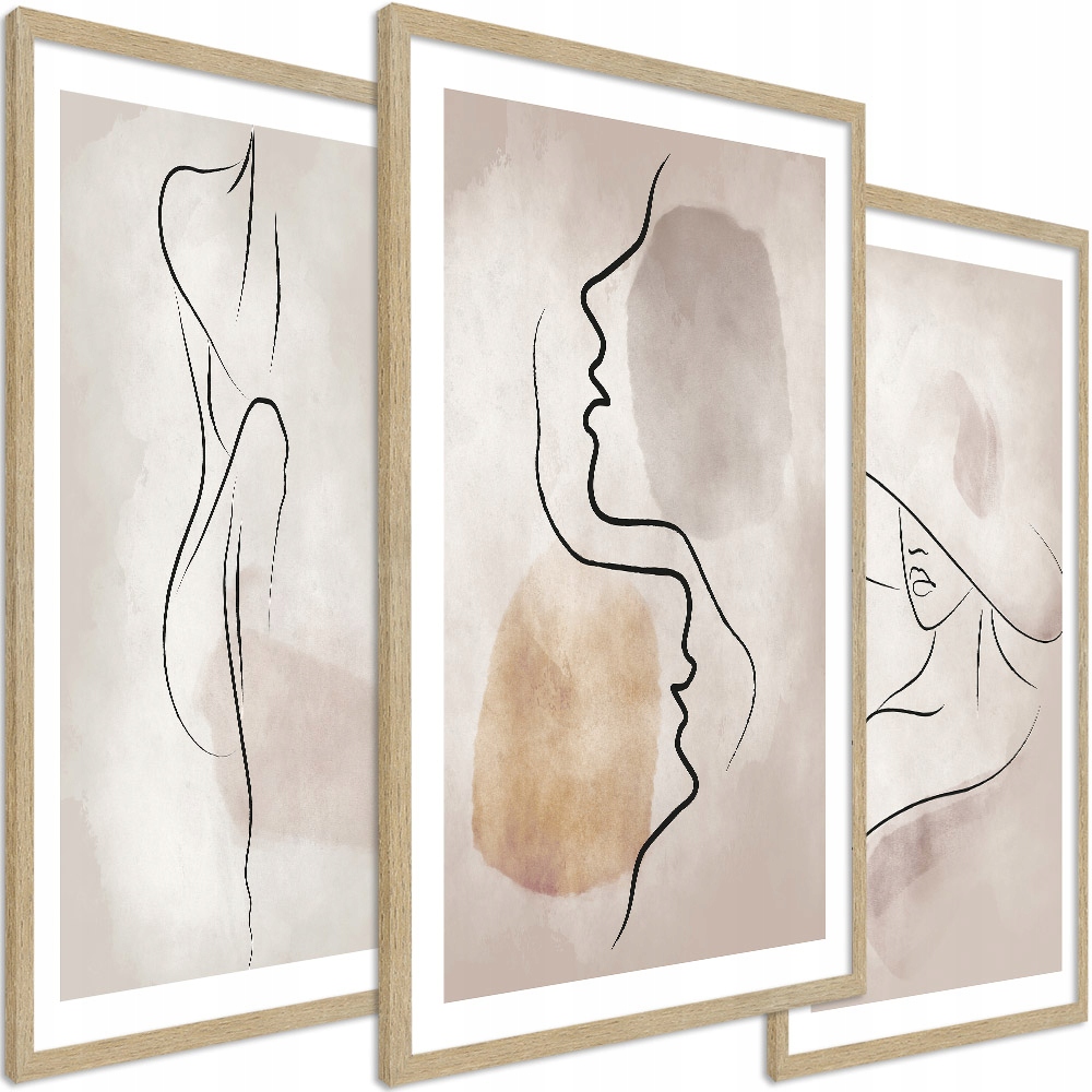 Zestaw Obrazów Boho Lineart Nowoczesne Linie Kobieta Rama Kolor Jasny Dąb