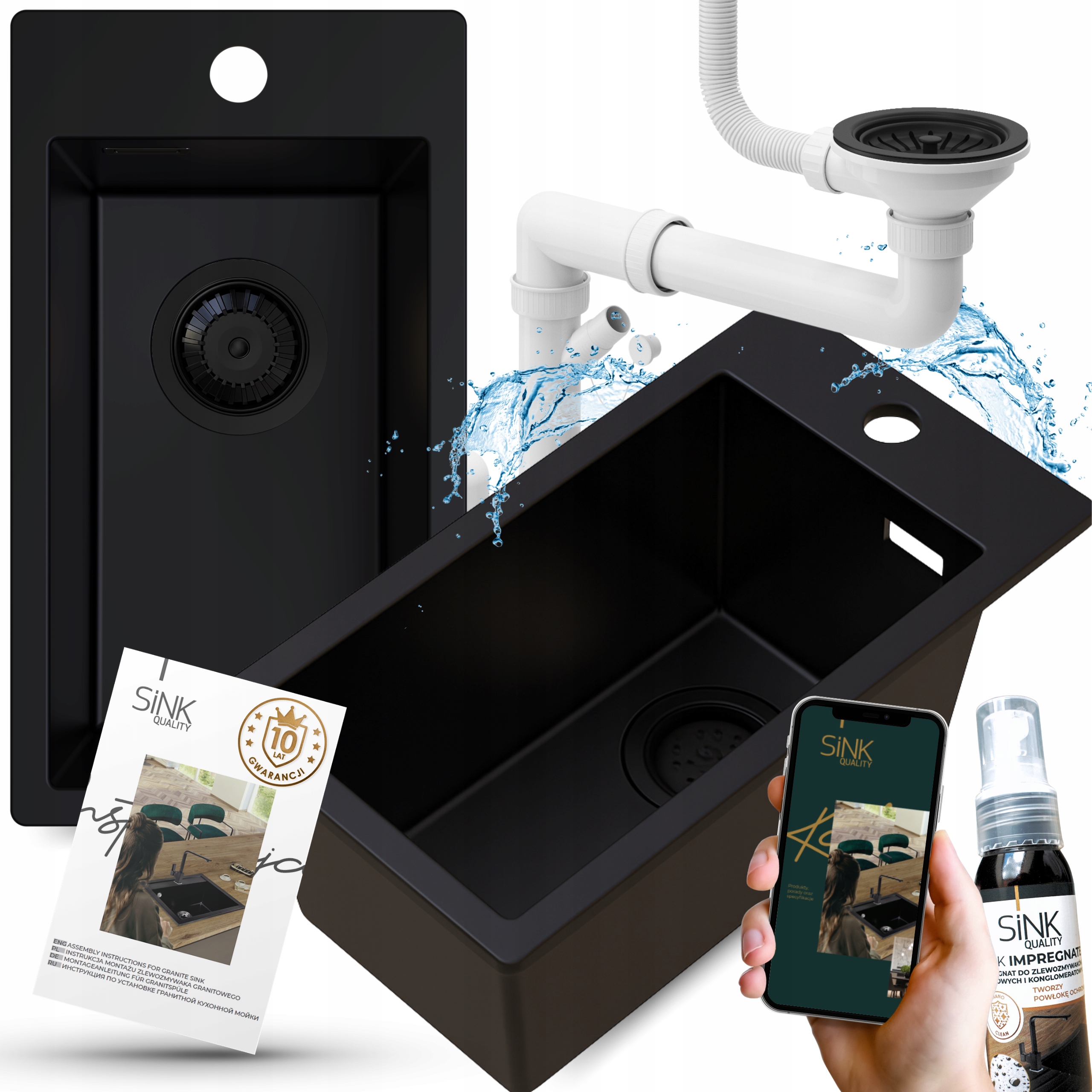 Granitový dřez černý Jednokomorový Malý Úzký kuchyňský Dřez hluboký