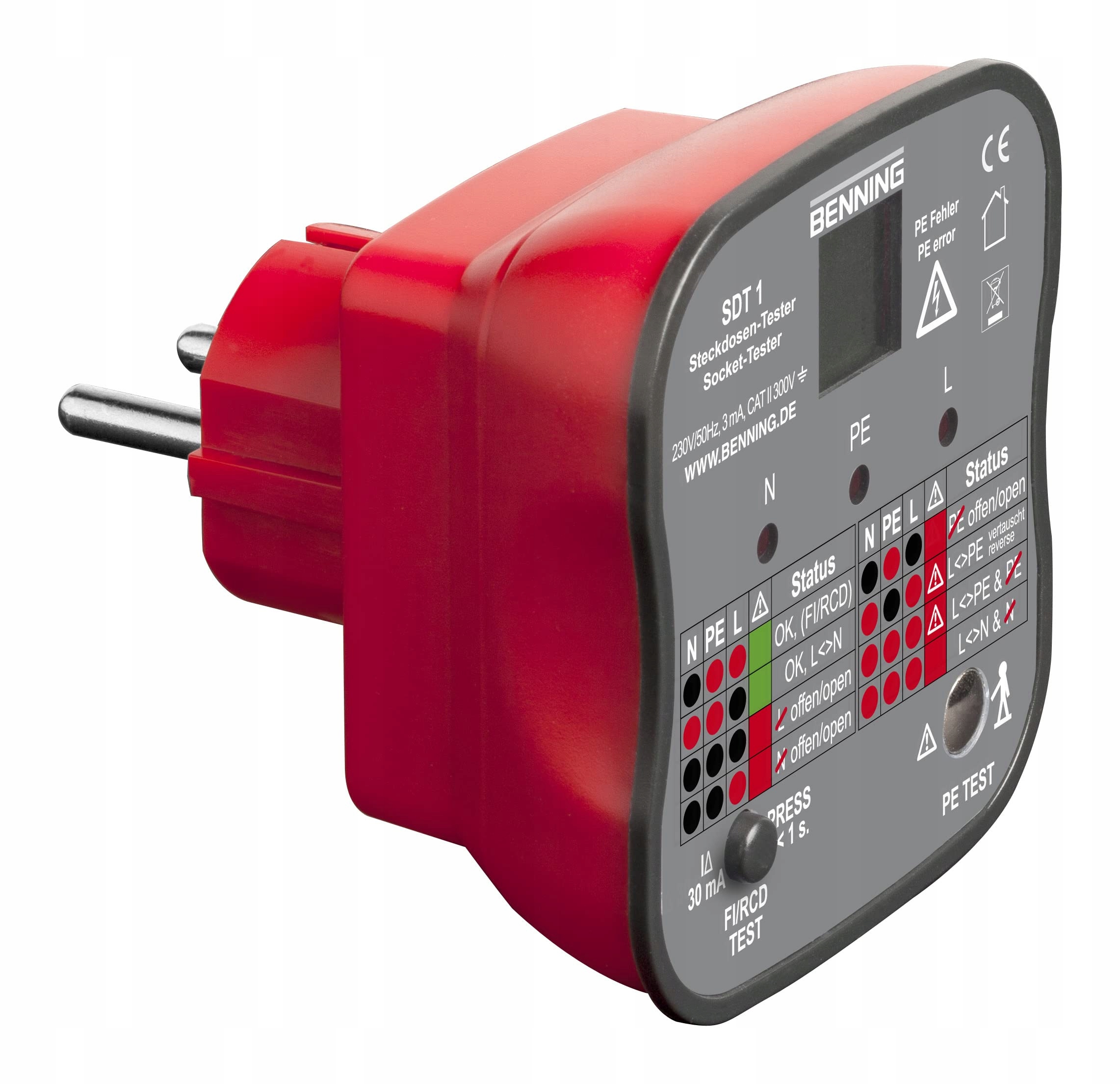 Tester zásuviek Benning Sdt 1, detekcia chýb Pe