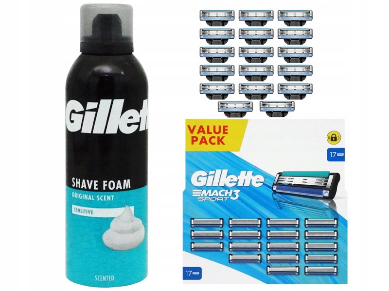 Vložky Do Strojku Gillette Mach 3 Sport Nože Čepele x17ks Pěna 200 Ml