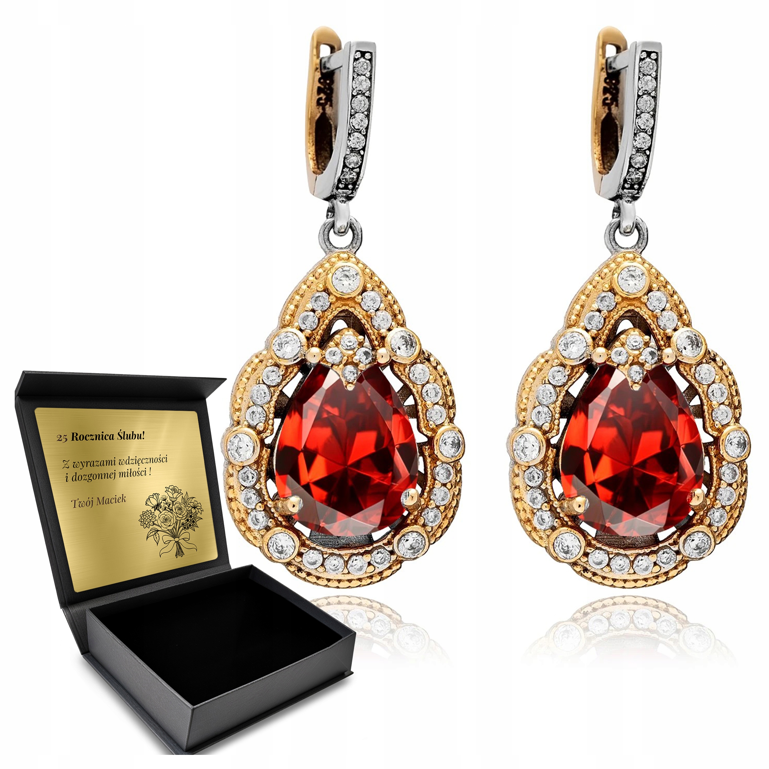 Stříbrné Náušnice 925 Zirkony Granátové Dárek pro ženu Gravírování Bonus