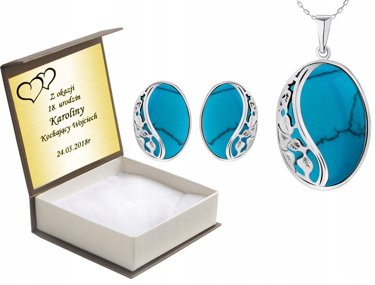 

Komplet Biżuterii Z Turkusami Klipsy 925 +grawer