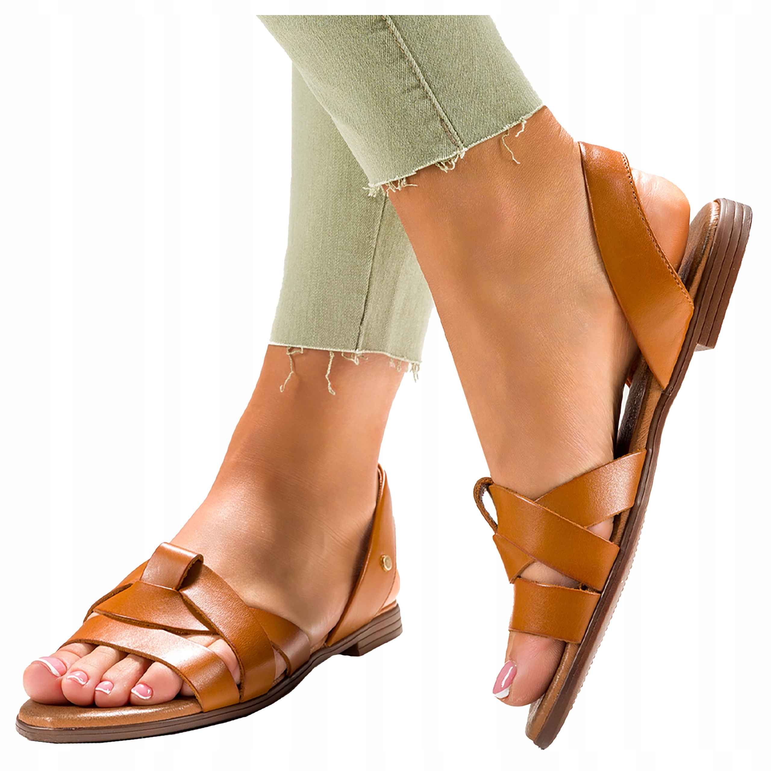 Hnědé kožené sandály Dámské ploché podrážky Polský Výrobek Módní velikost 40