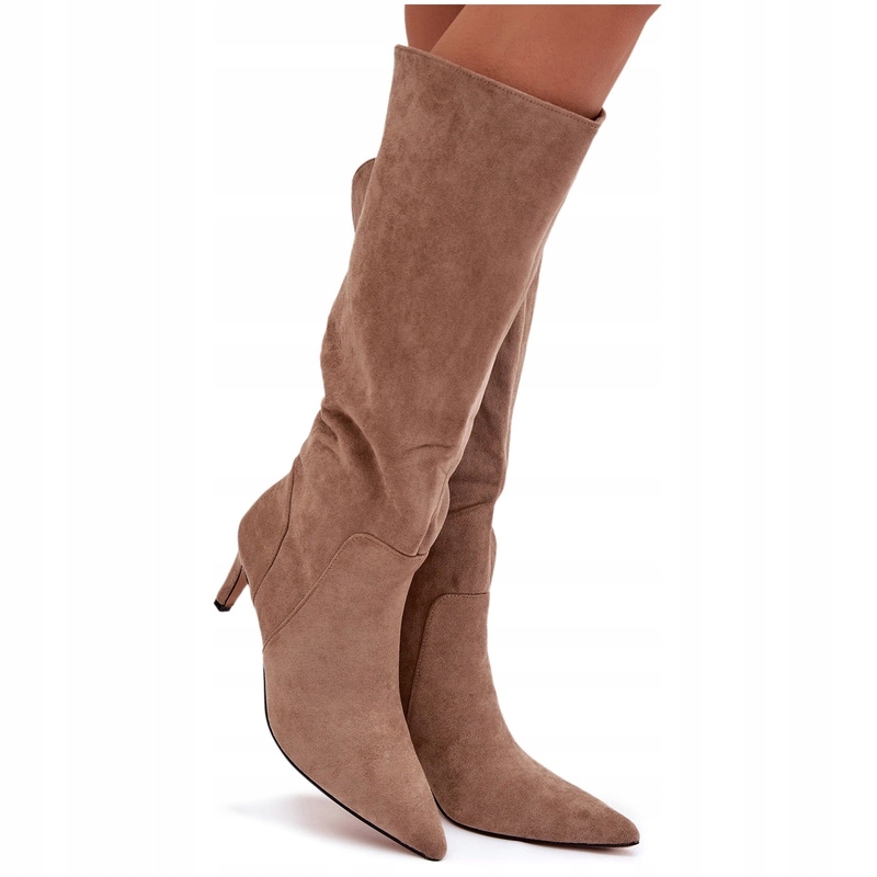 Dámské Kozačky Na Podpatku Eko Semišové Nazouvací, Zateplené, Tmavě Béžové, Velikost 40