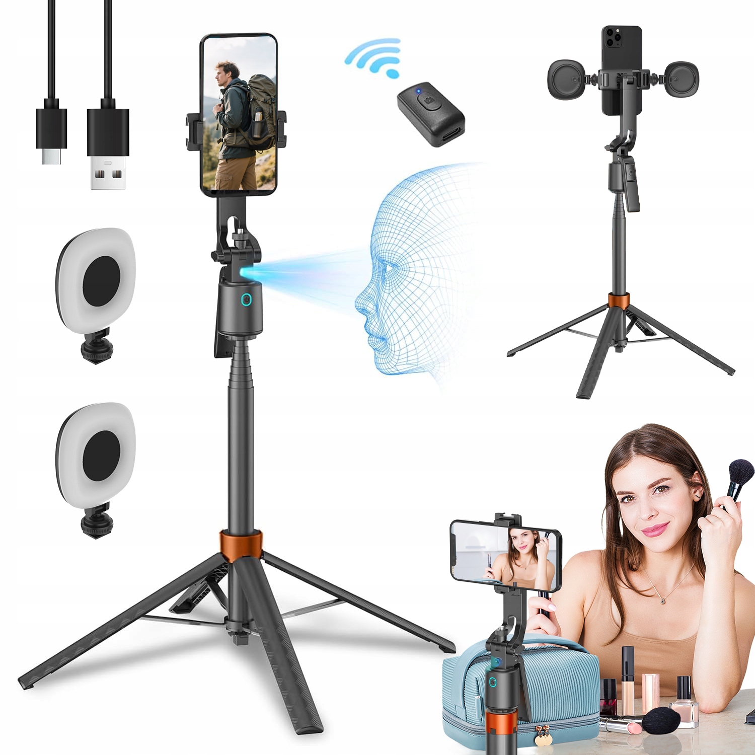 Selfie Tyč Stativ Pro Telefon Otočný Gimbal S Dálkovým Ovládáním 40-180 CM +2X Led