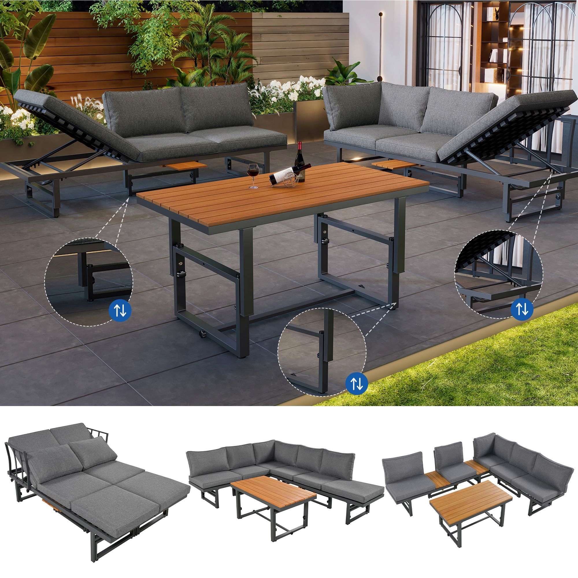 Sada zahradního nábytku 2 pohovky+stůl Dřevo akácie železo Nastavitelná šedá