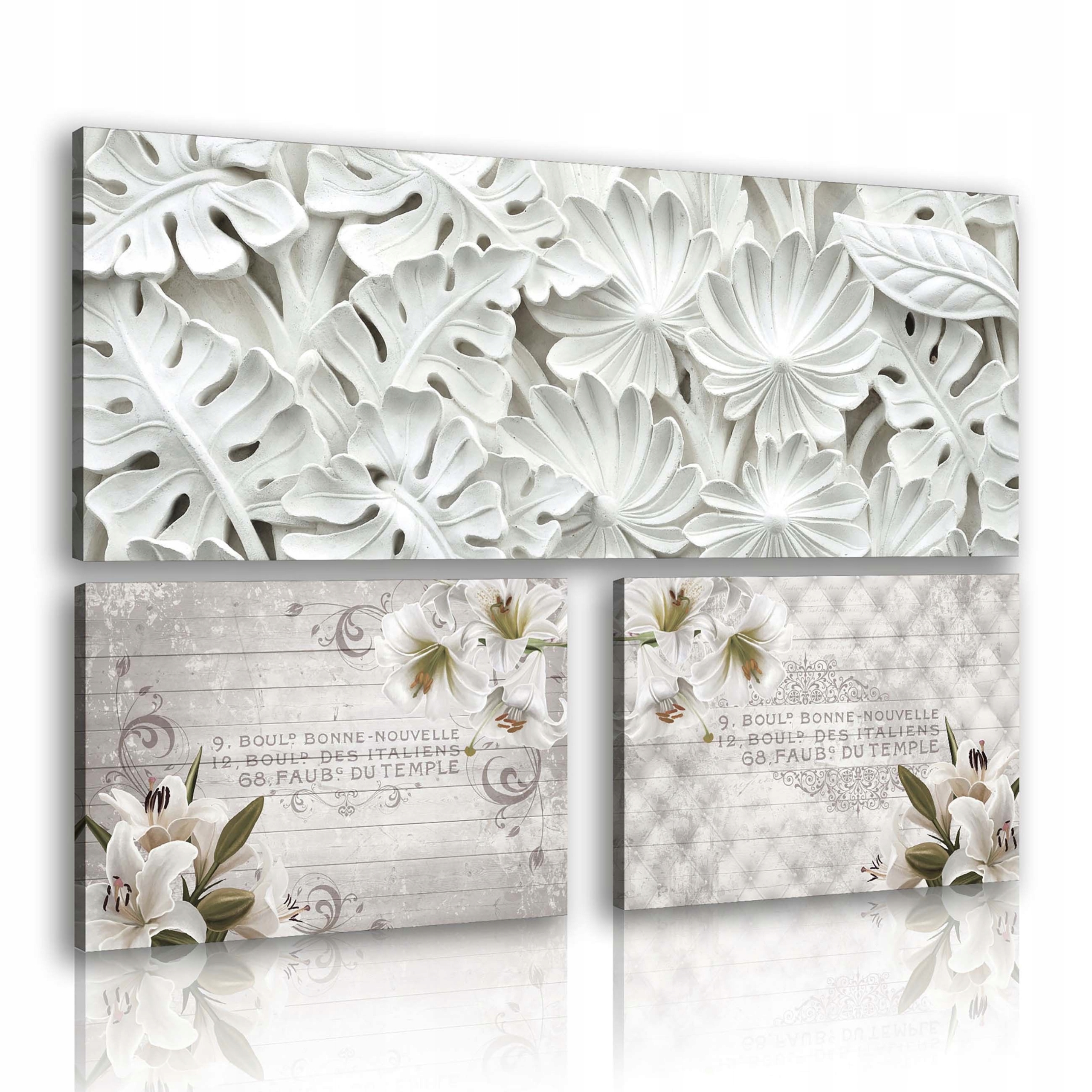 Obraz 80x55 Lilie reliéfní listy textura dřeva triptych elegance klid