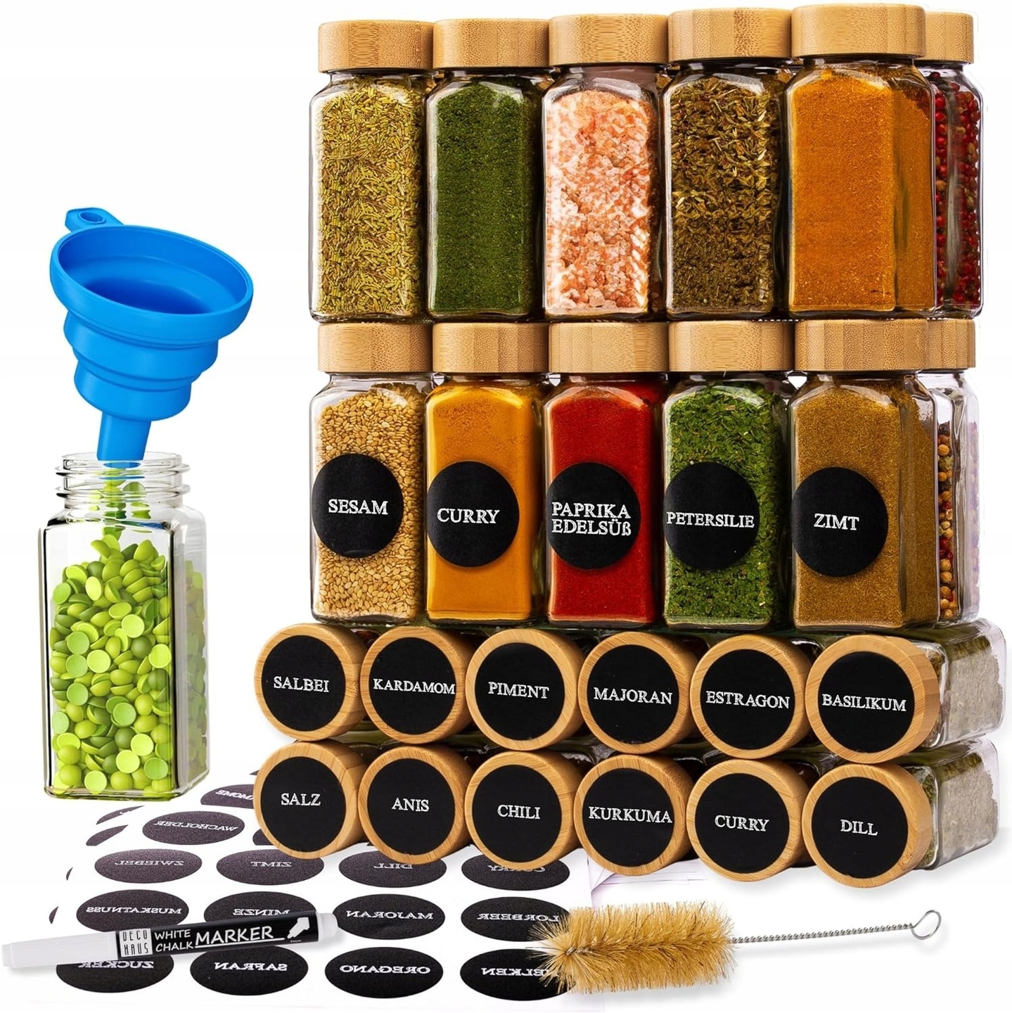 24 x Skleněné Nádoby Na Koření Bambusové Etikety Solnička 2v1 Trychtýř