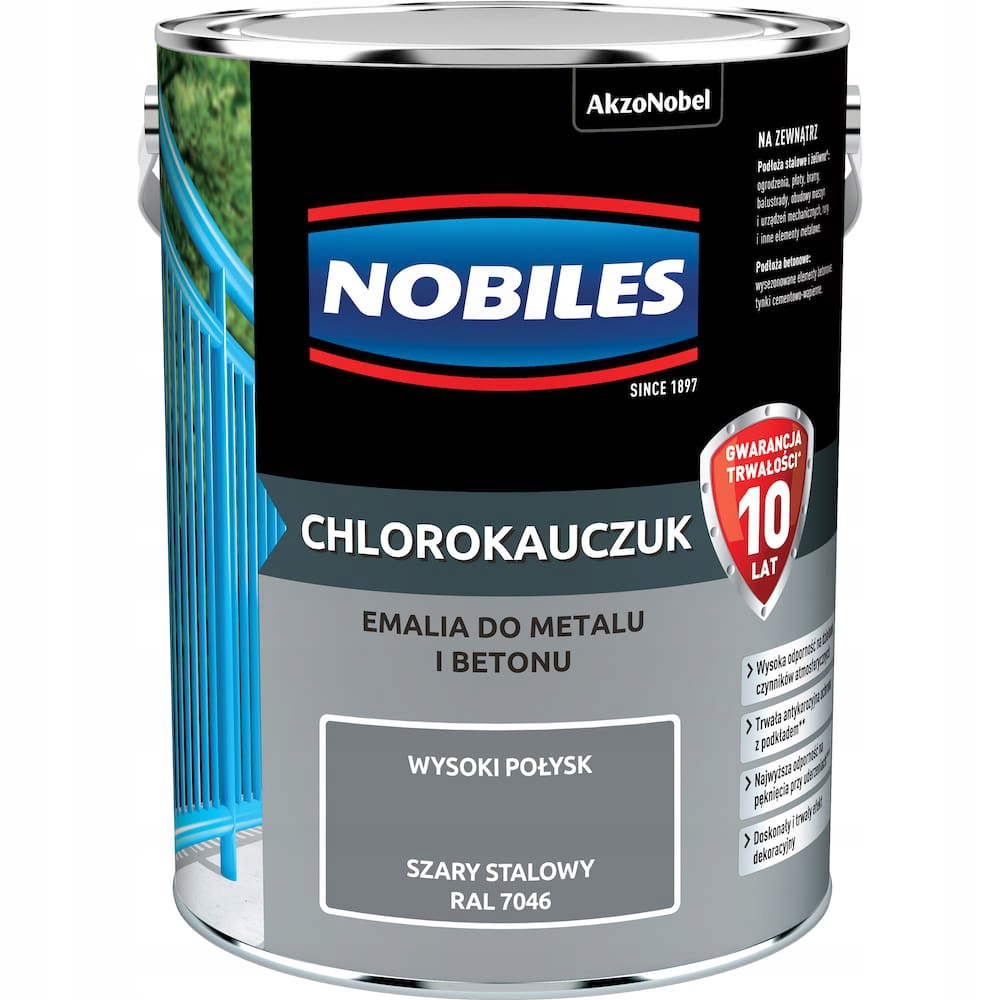 Nobiles Chlorokauczuk emalia do metalu i betonu Szary Stalowy 5l Ral7046