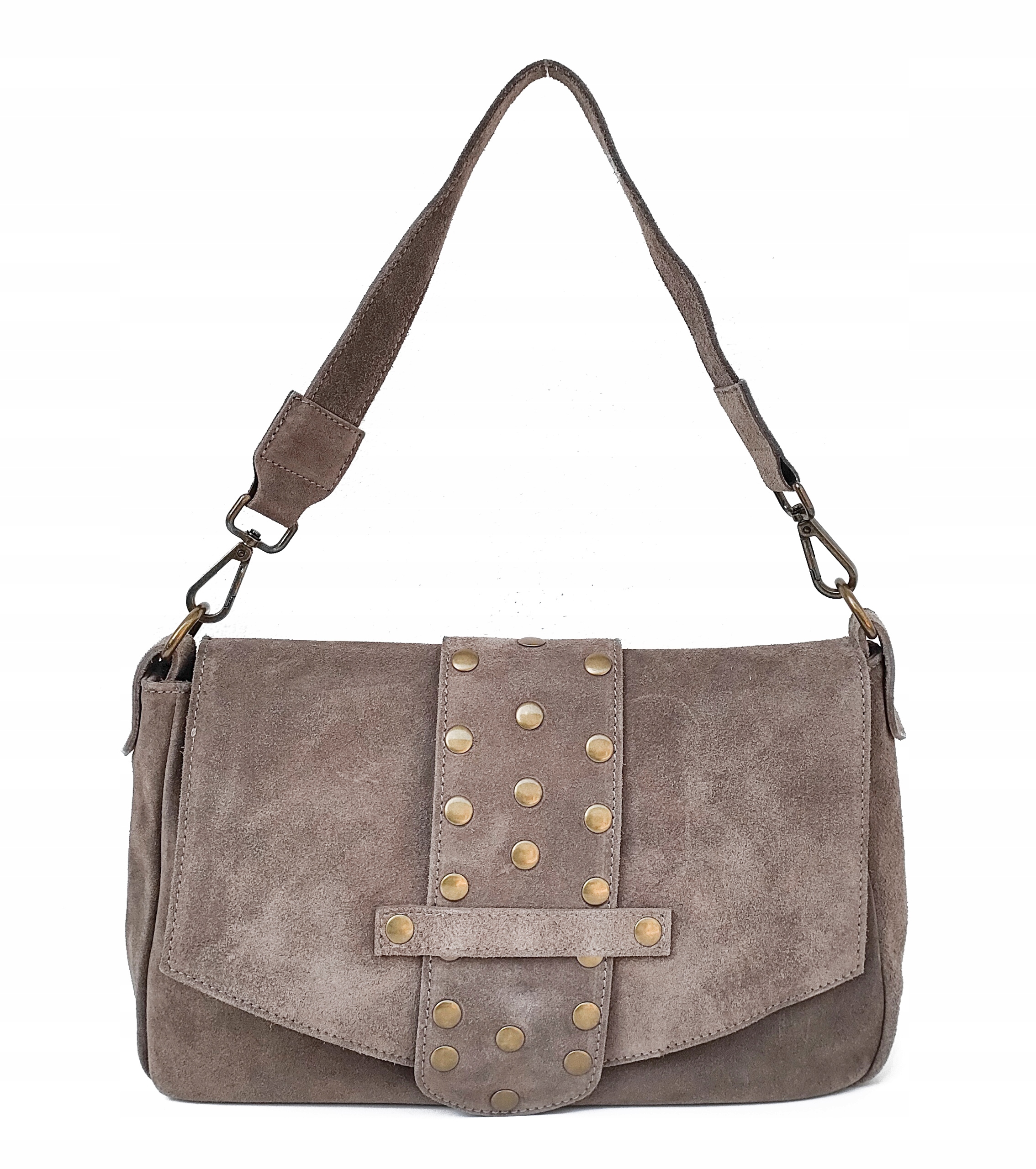 Semišová béžová taupe kabelka přes rameno s cvočky