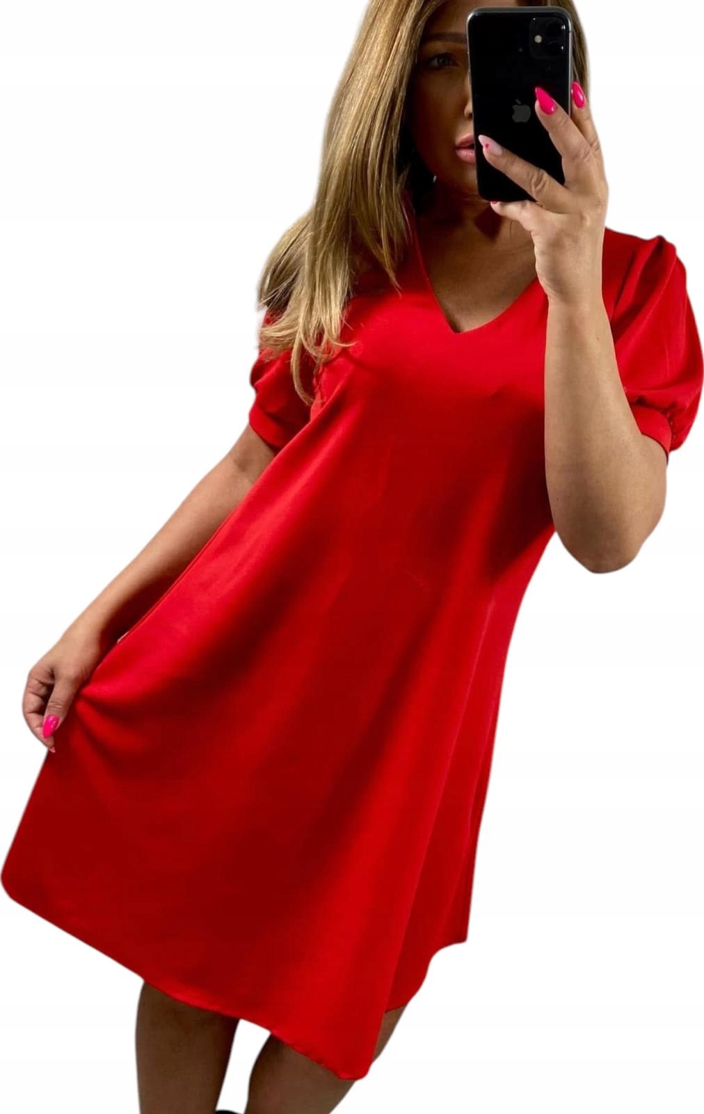 V657 Šaty Krátký Rukáv Hladký Výstřih V-neck Červená vel. 50 (5XL)