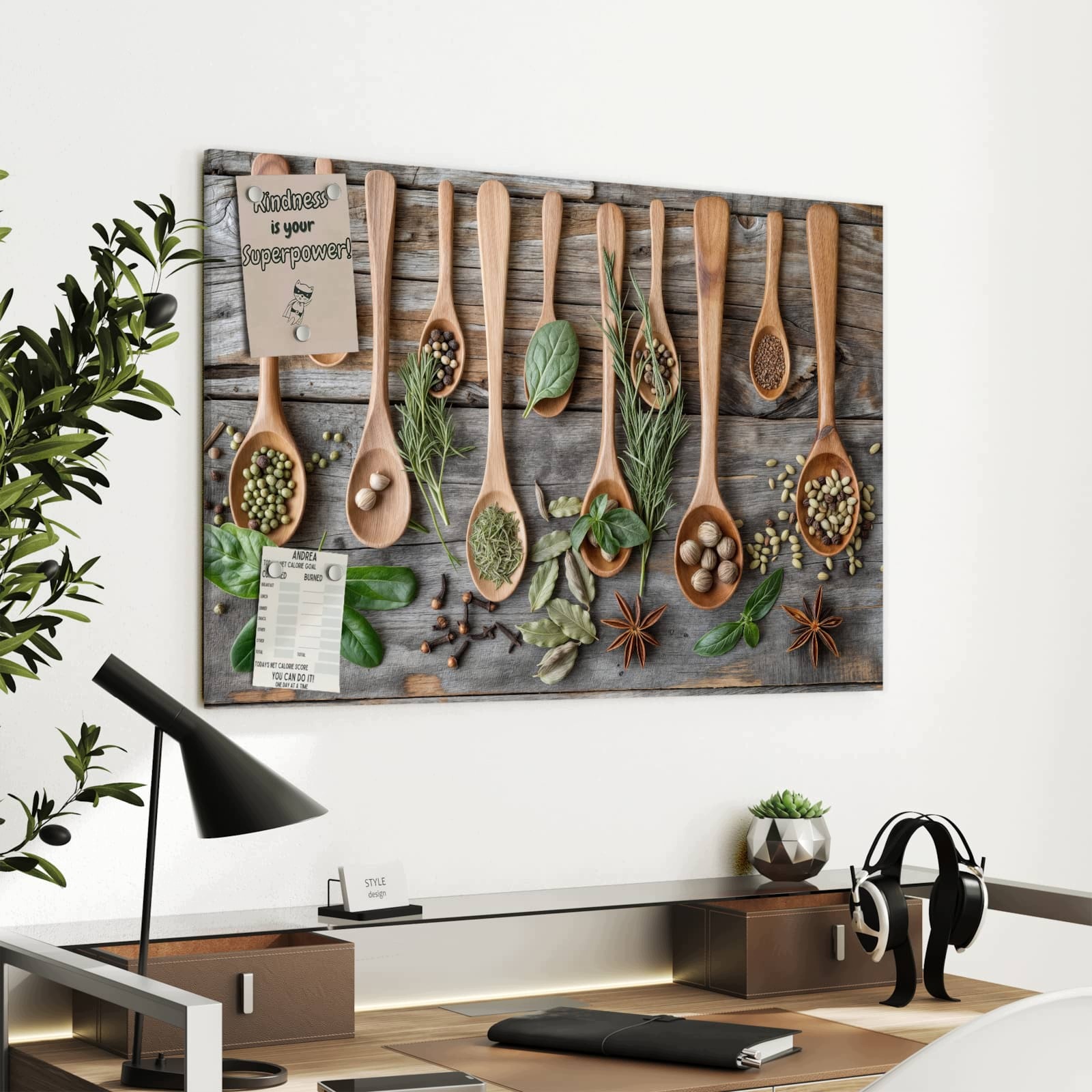 Magnetická tabule Dřevěná lžíce Bylinky 90 × 60 cm