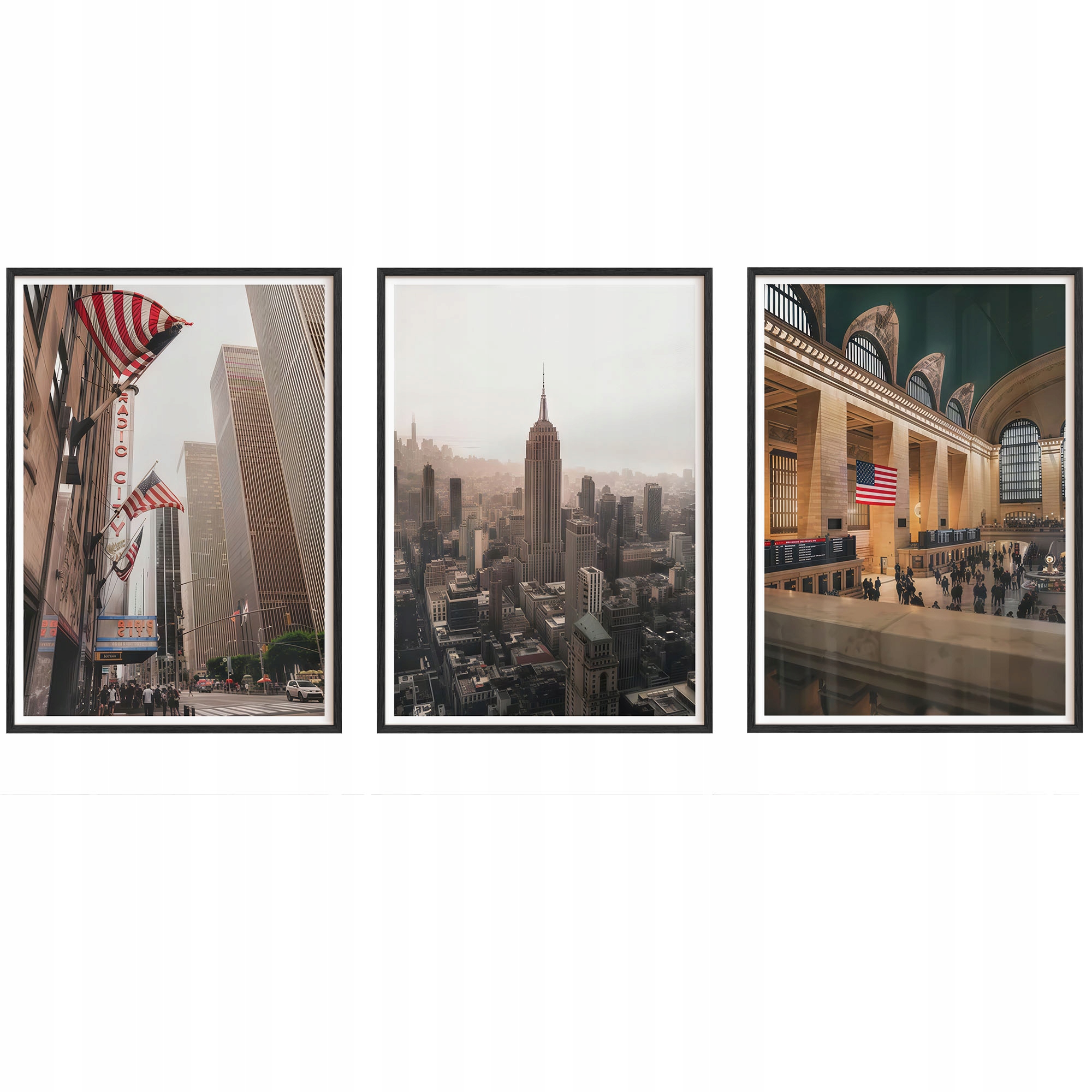 Obrazy New York Empire State Plagáty Drevené rámy Čierne 3ks 30x42 cm