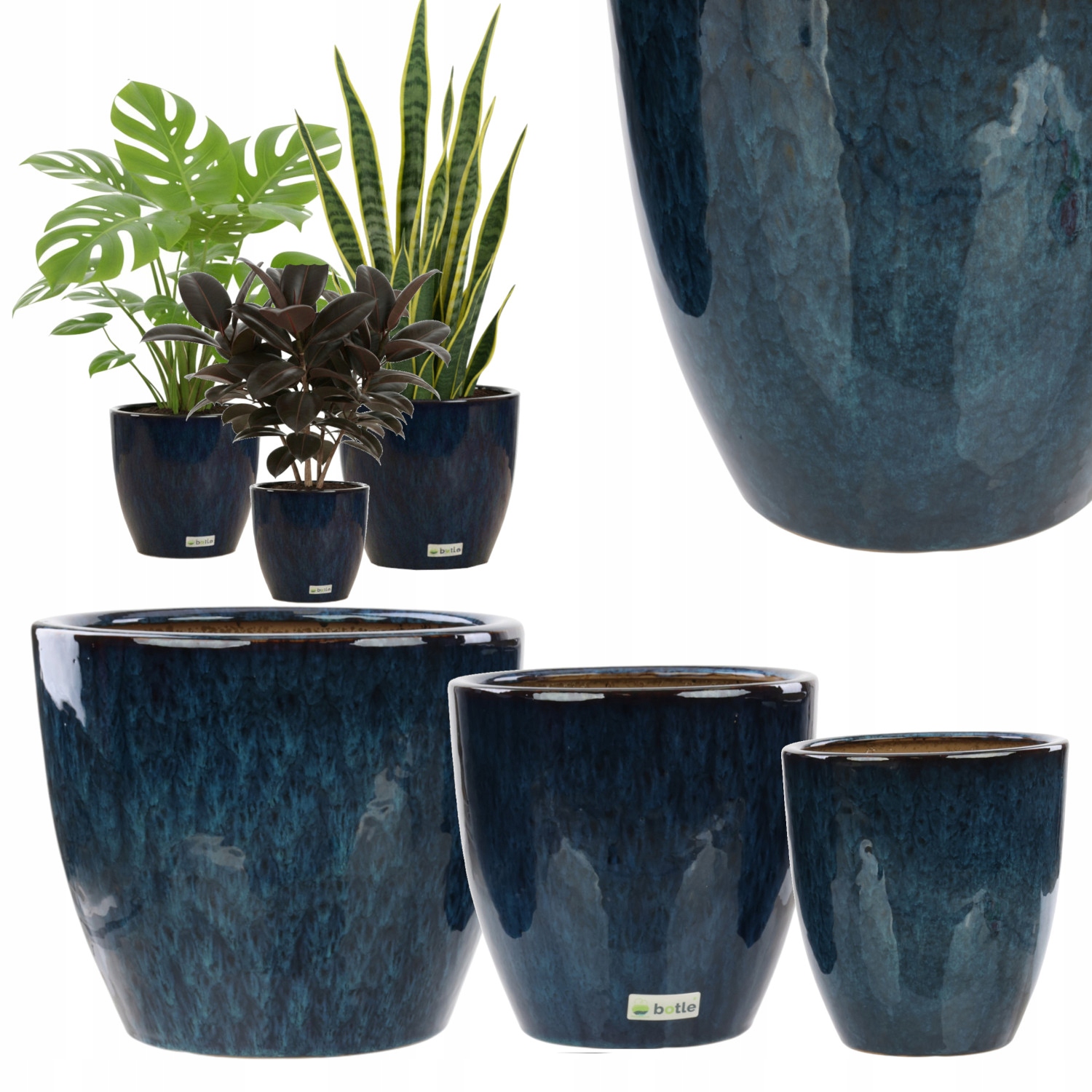 3 x Kvetináč s obal na kvetináč z glazovanej keramiky s efektom modrého lesku