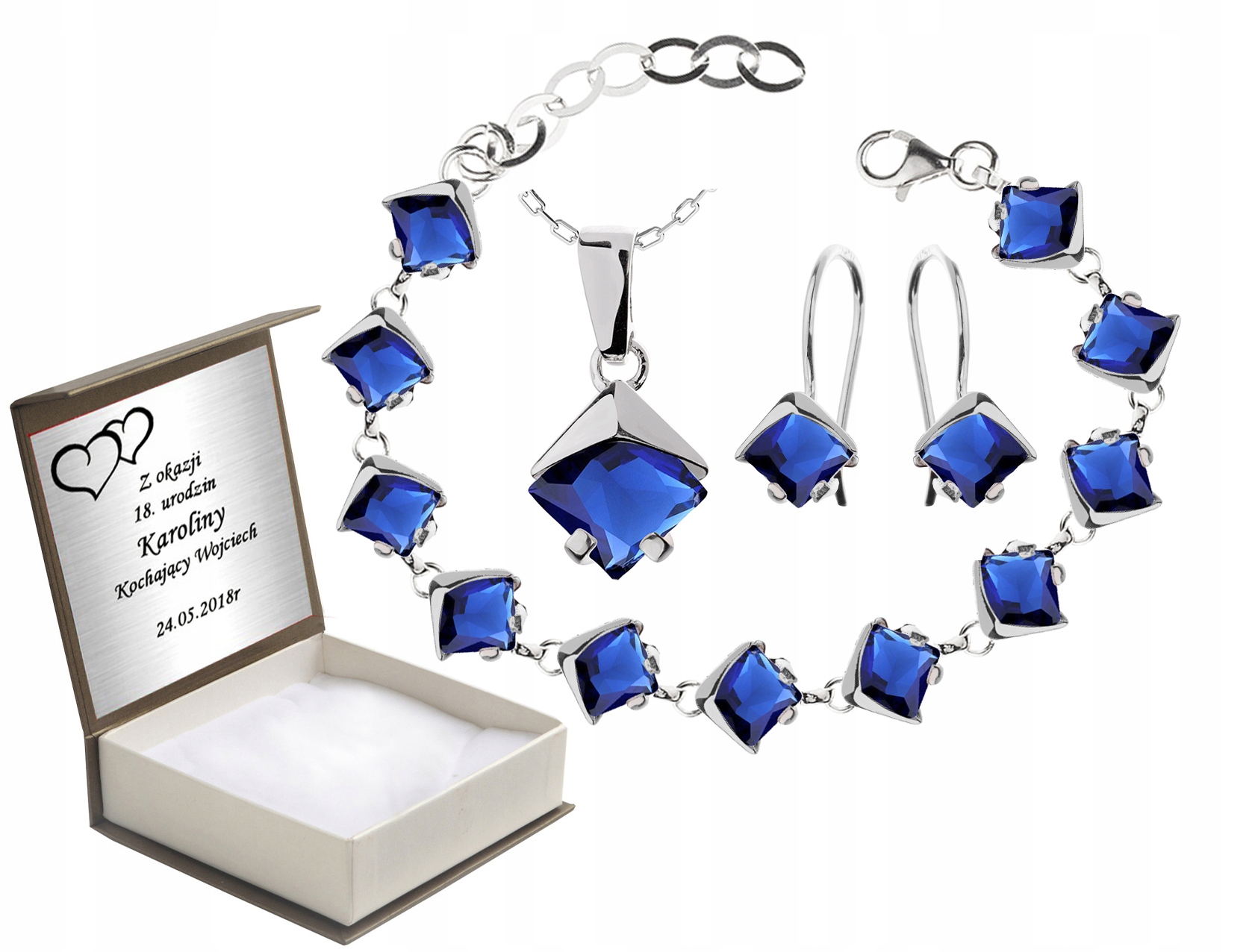 

Komplet Biżuterii Z Niebieskimi Cyrkoniami +grawer