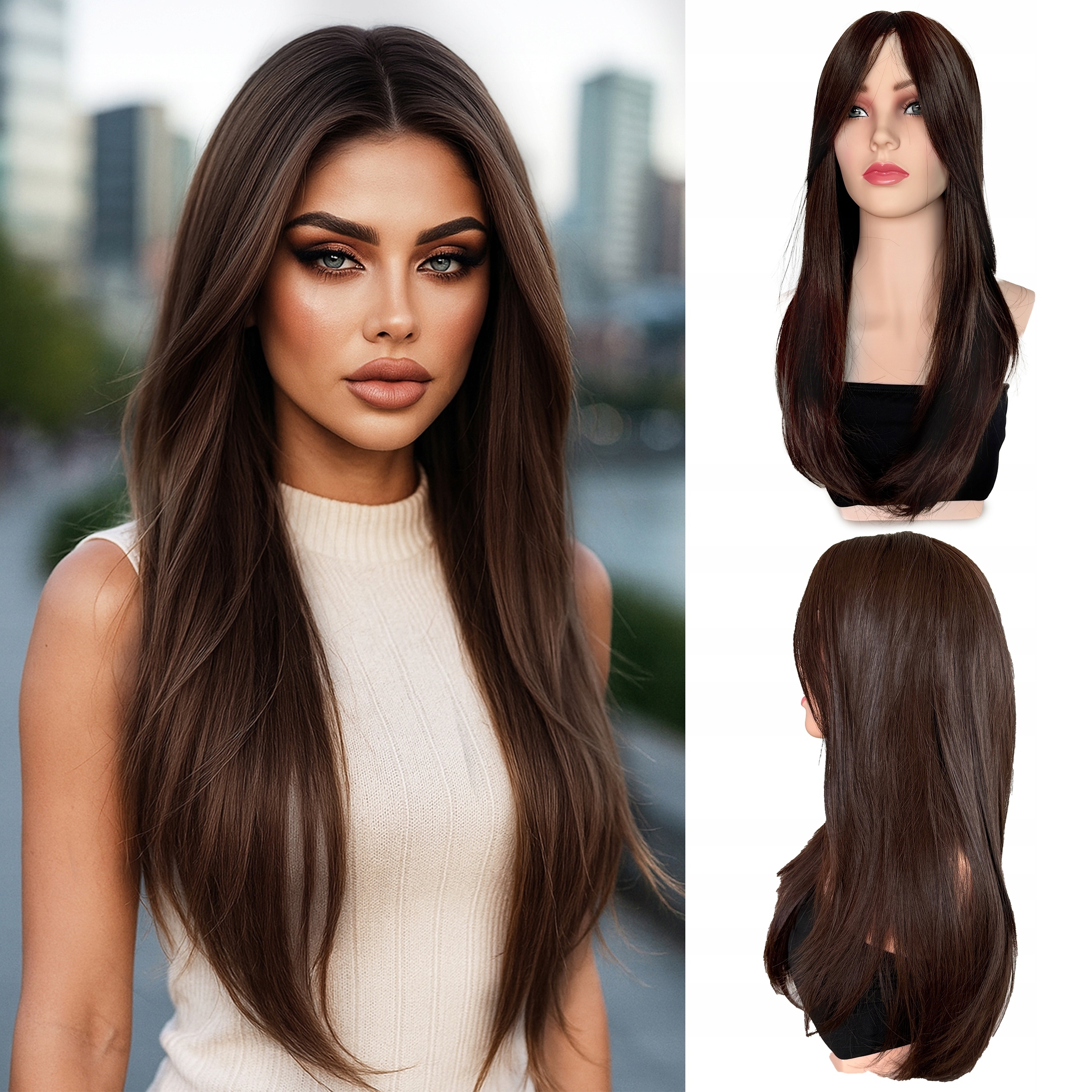 Peruka z Włosów Syntetycznych Brązowa Długa Prosta Grzywka Na Boki 60cm