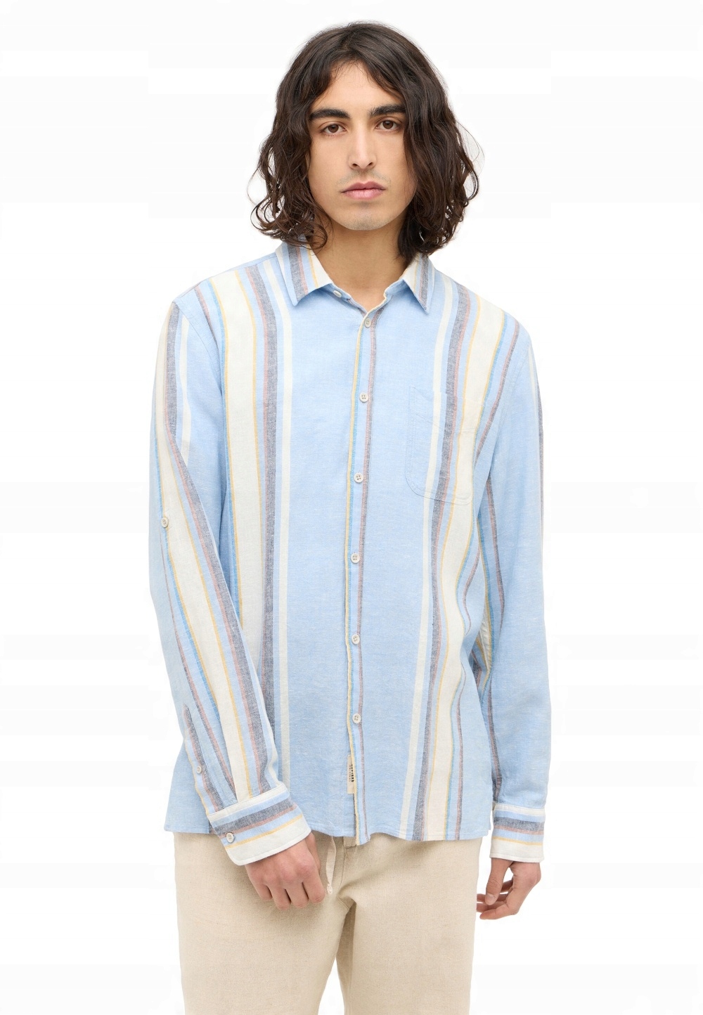 Pánská Pruhovaná Lněná Košile S Dlouhým Rukávem, Modrý Límec Mustang XL