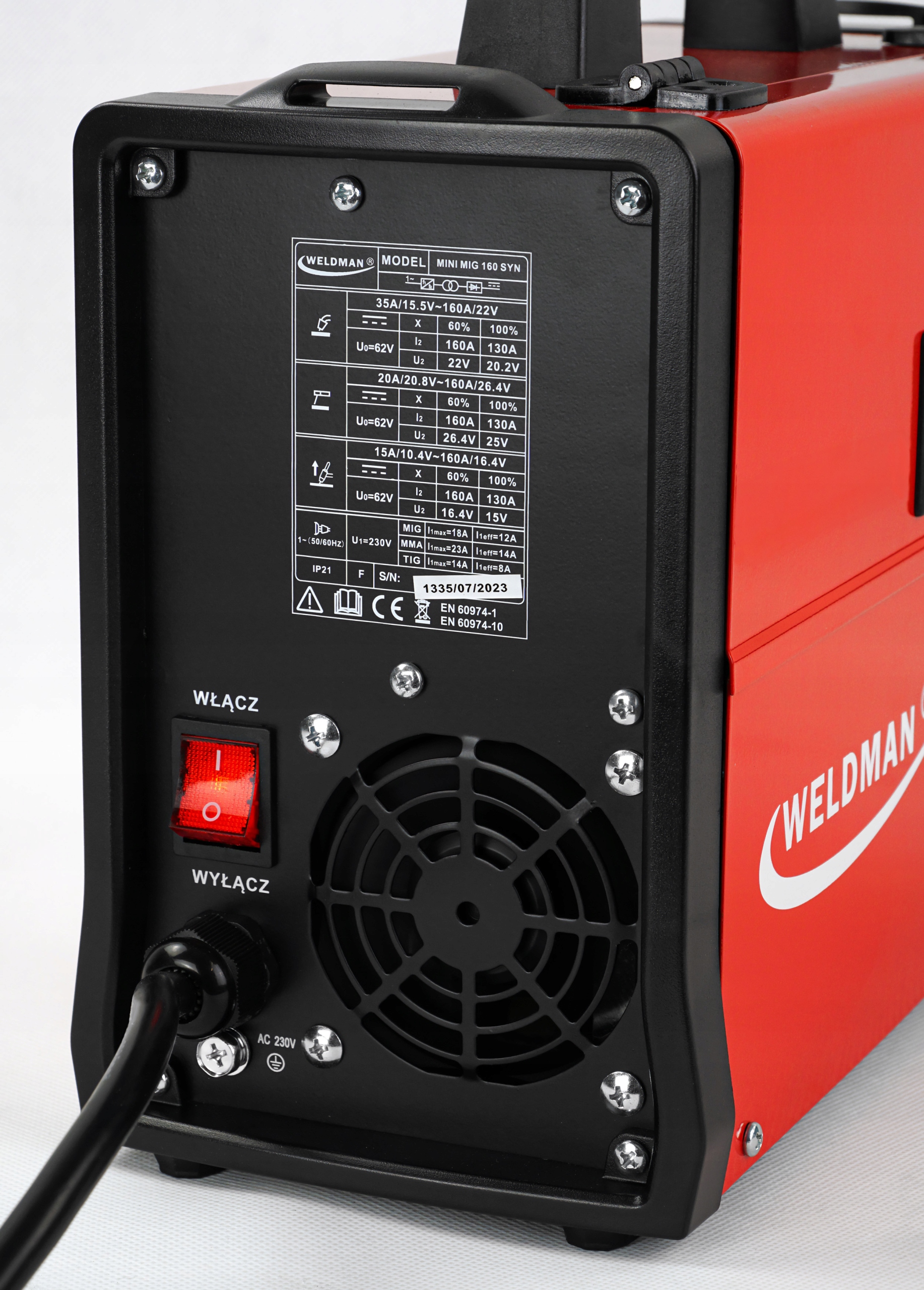 Spawarka MIG FLUX MMA TIG Lift Weldman 160A Synergia bez gazu migomat Napięcie zasilania (V) 230