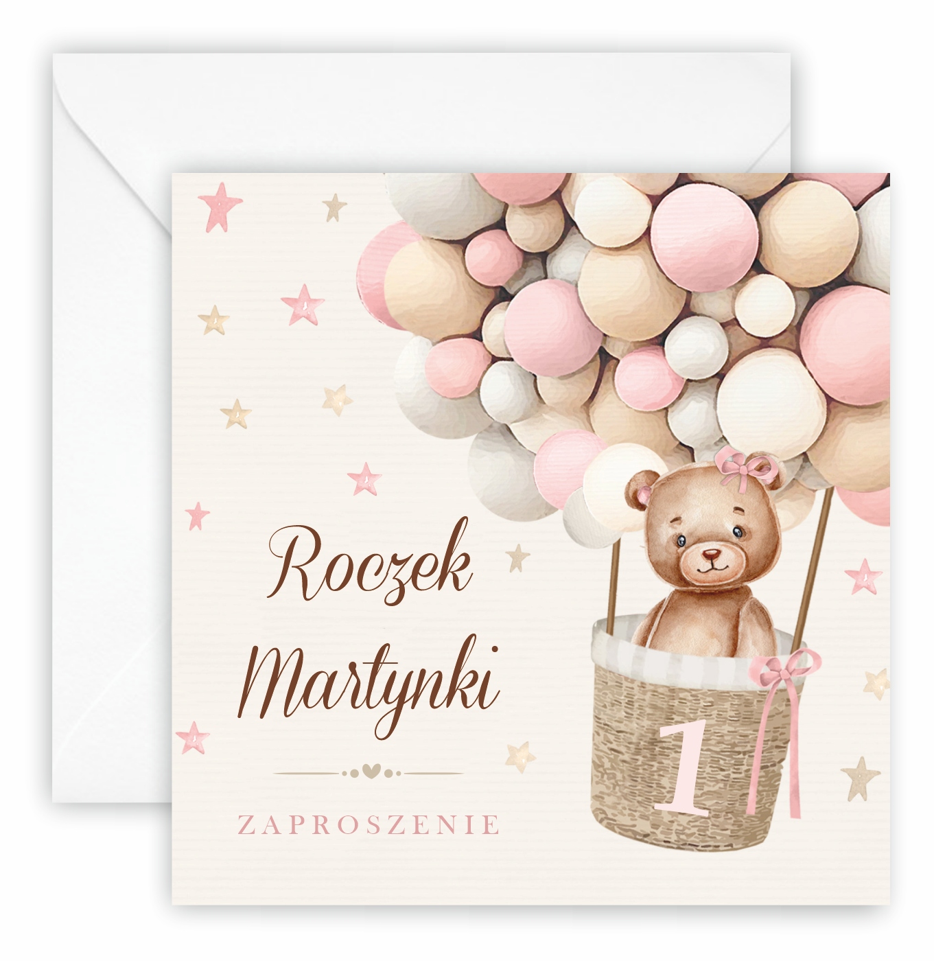 ZAPROSZENIA NA ROCZEK + IMIĘ + KOPERTA MIŚ BOHO Szerokość produktu 14 cm