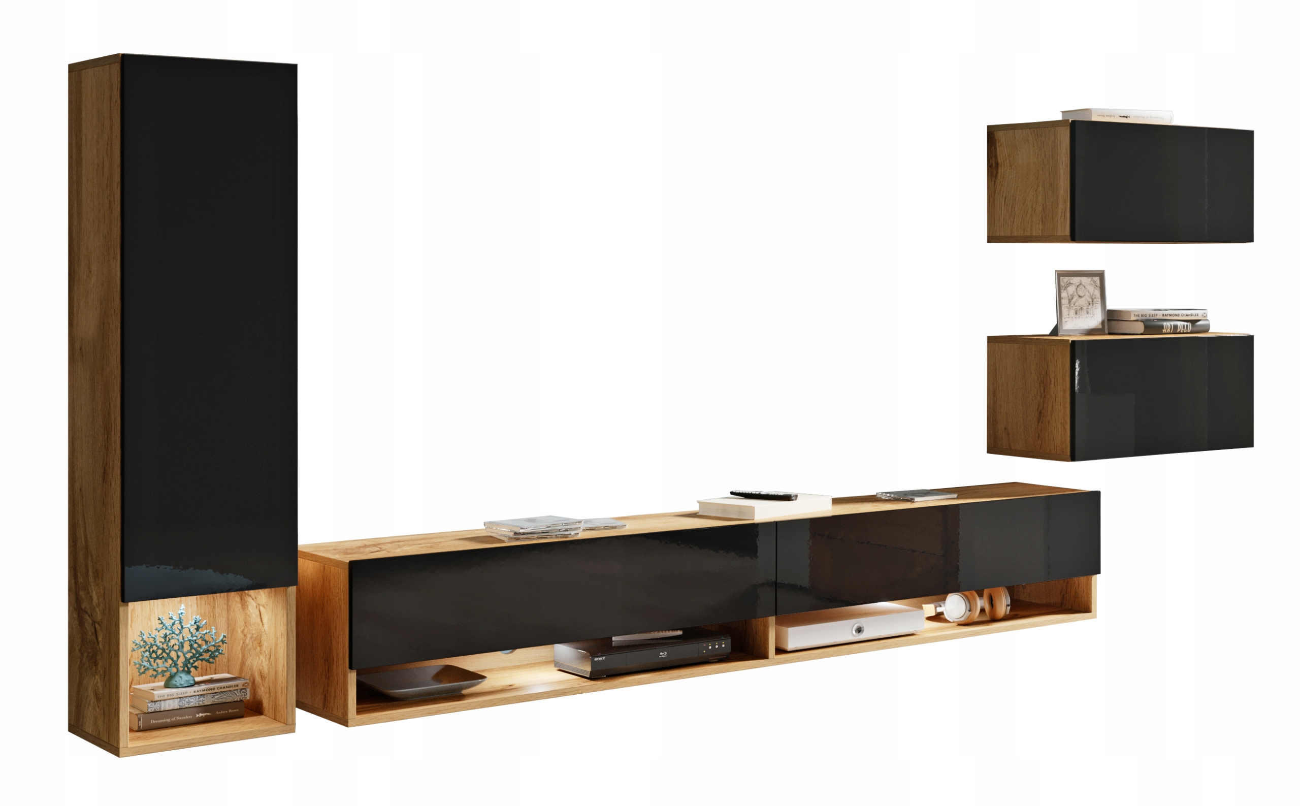 Nábytková Stěna 4-dílný závěsný Rtv set, sloupek skříňky wotan černý lesk