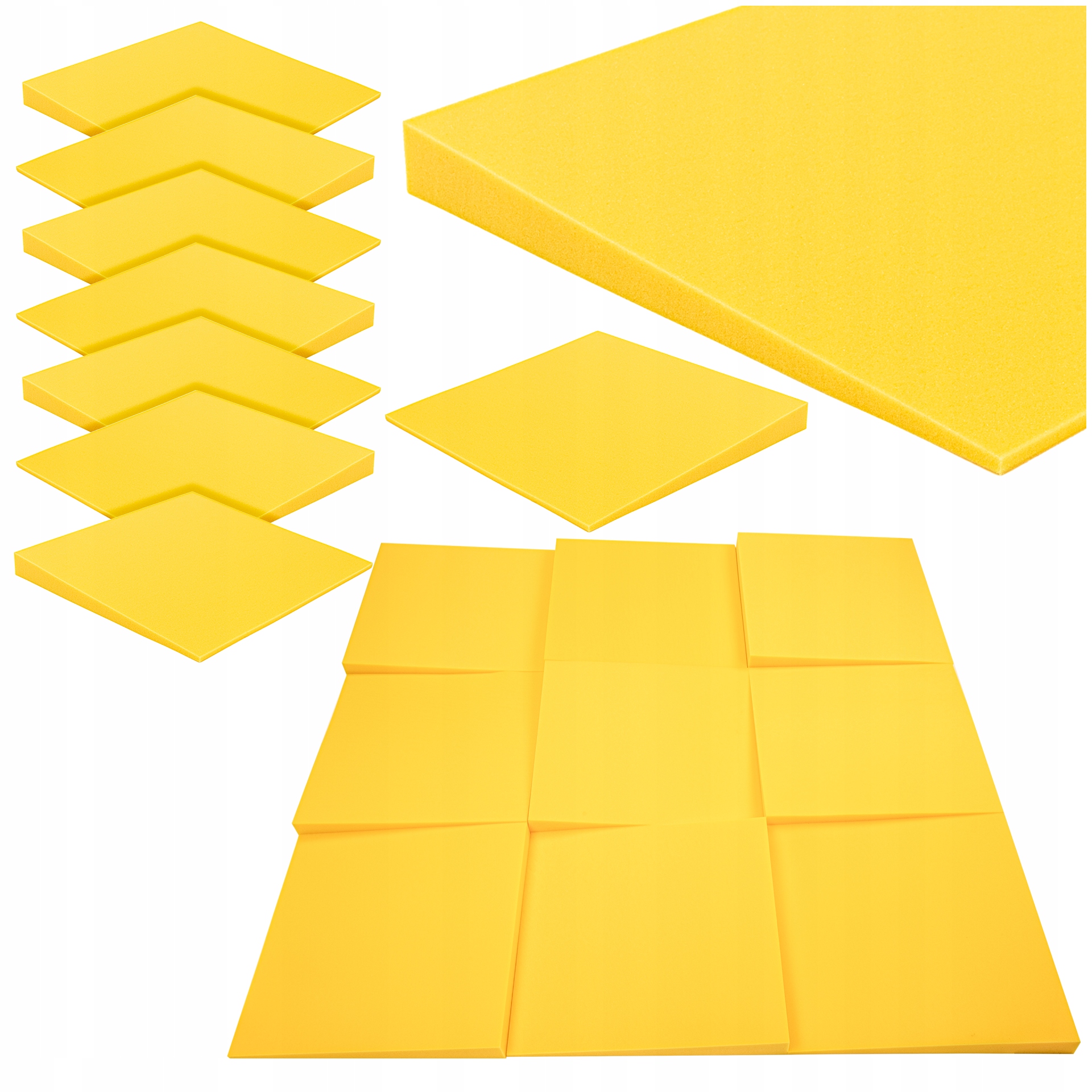 Žluté akustické panely na zeď pohlcující ozvěnu a dozvuk za reproduktor