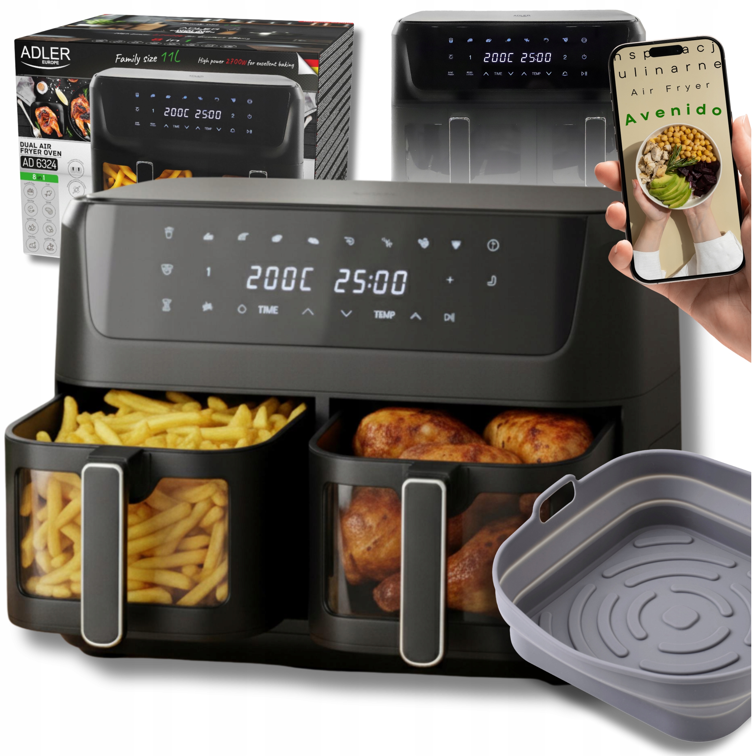 Beztuková dvoukomorová fritéza Adler 11L Air Fryer 2700W 8 programů