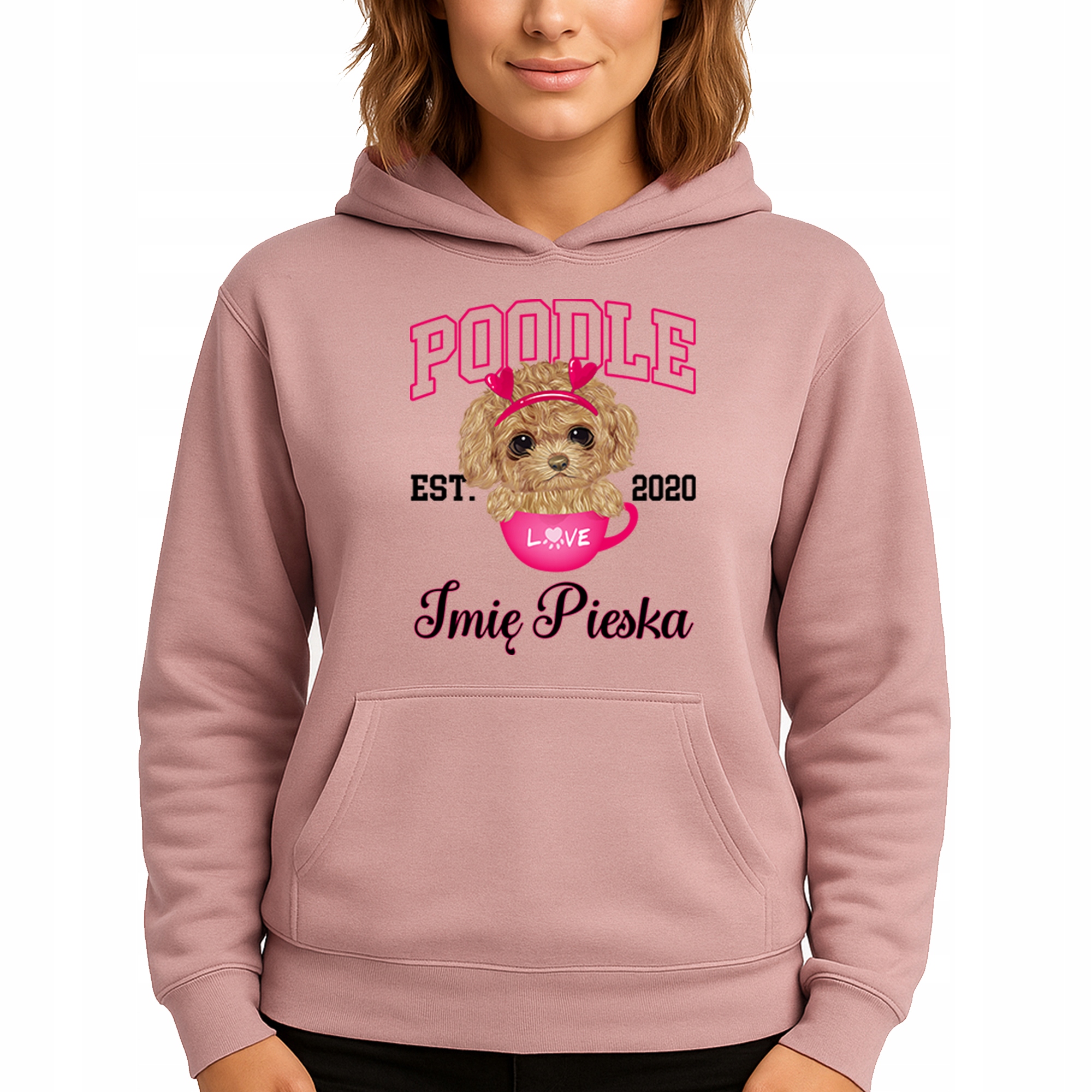 Mikina S Kapucí Růžová bavlněná mikina Módní Poodle Jméno psa Vel M