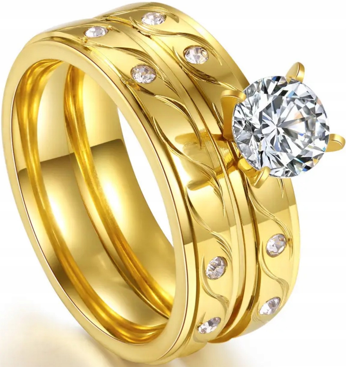 Sada 2 Zlatých Prstenů s Briliantovými Zirkony Snubní Prsteny Ocel Ocel