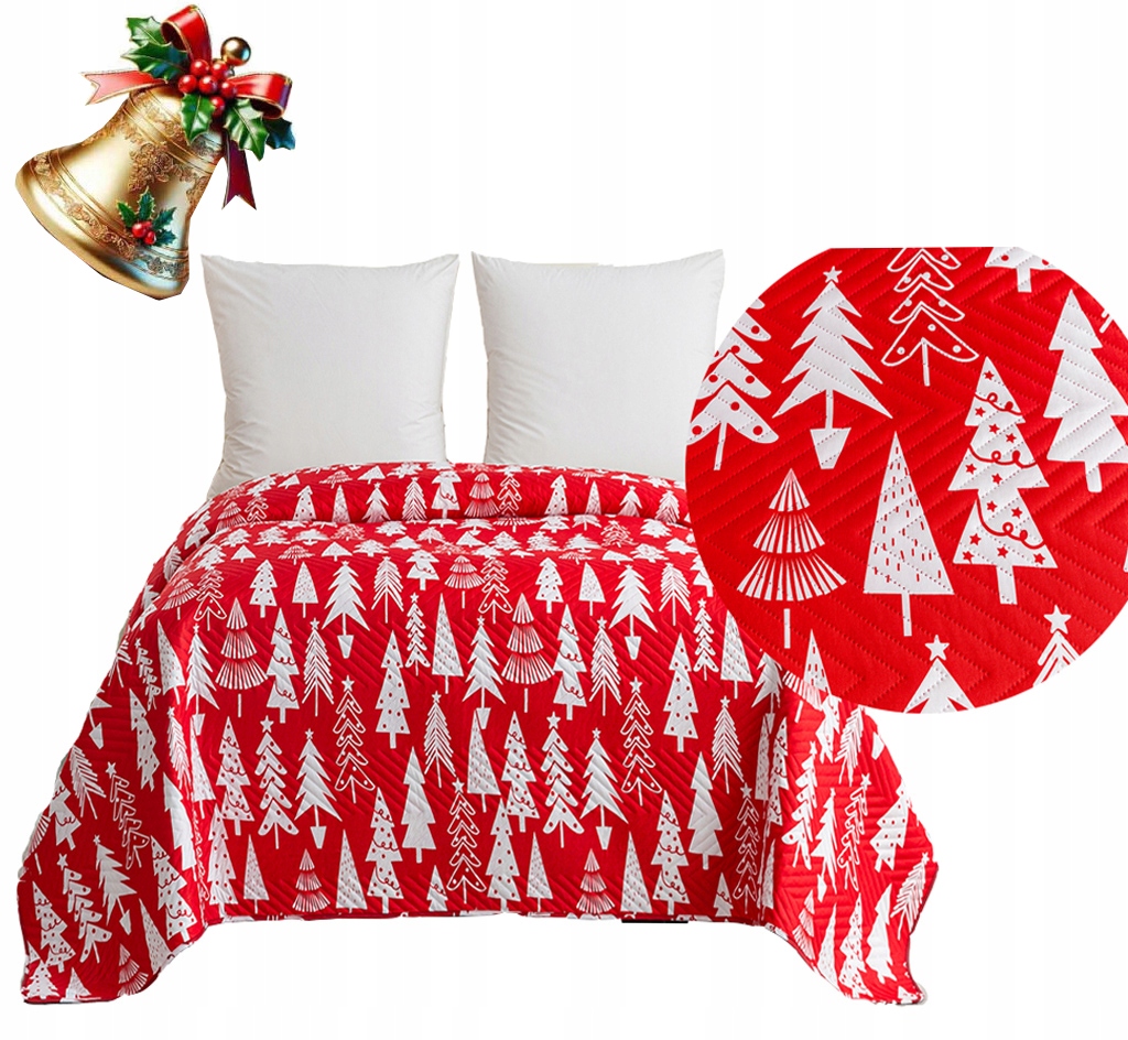 Vánoční přehoz na postel 220 x 200 cm, prošívaný, vánoční vzory