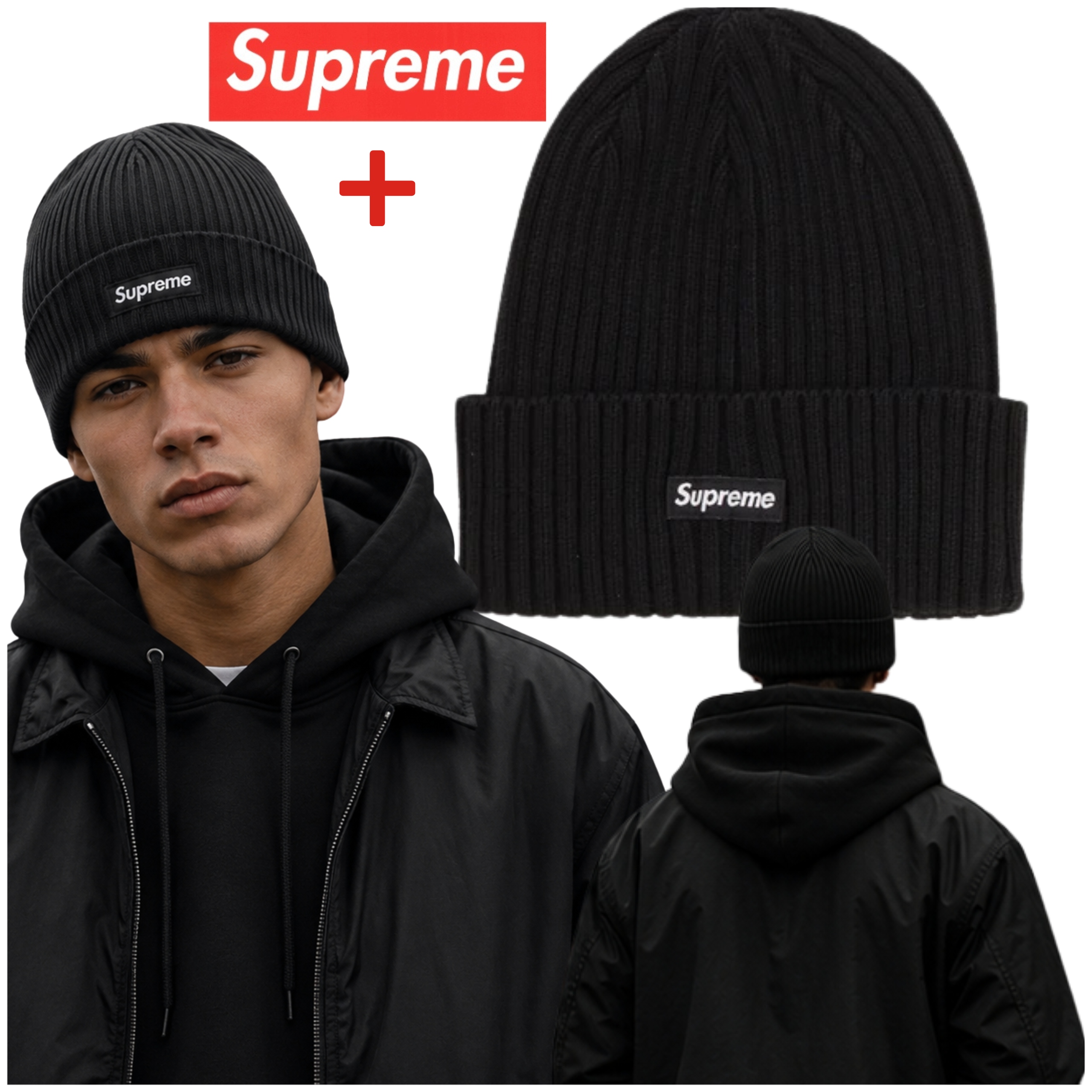 Čepice Supreme Overdyed Beanie Black nálepka Supreme Red Bogo Bonus!